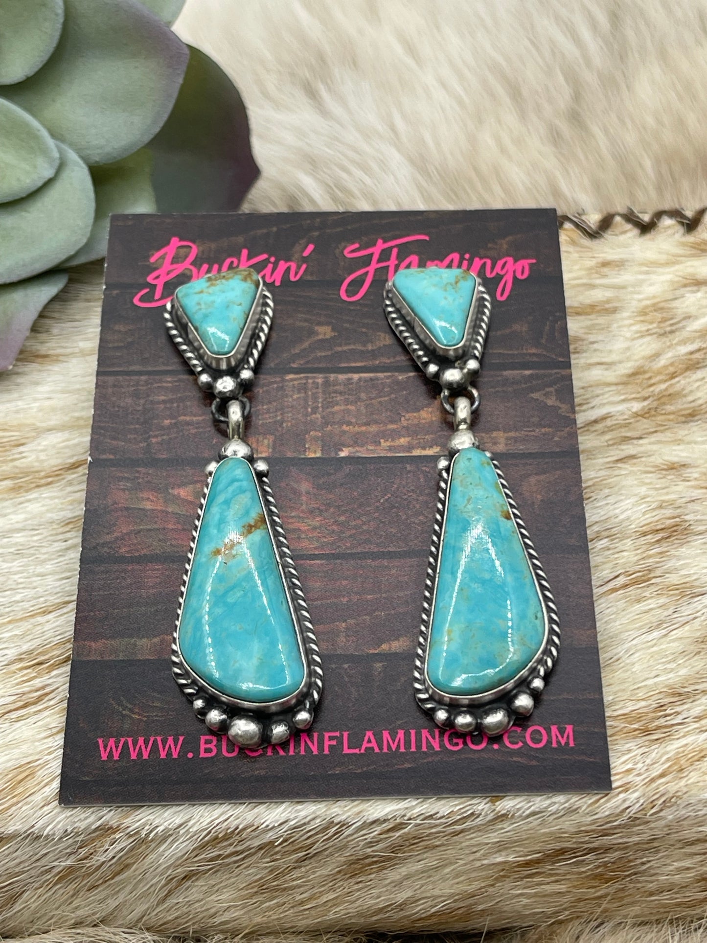 2 Stone Kingman Turquoise Drop Post Dangle Earrings by Elouise Kee, Navajo