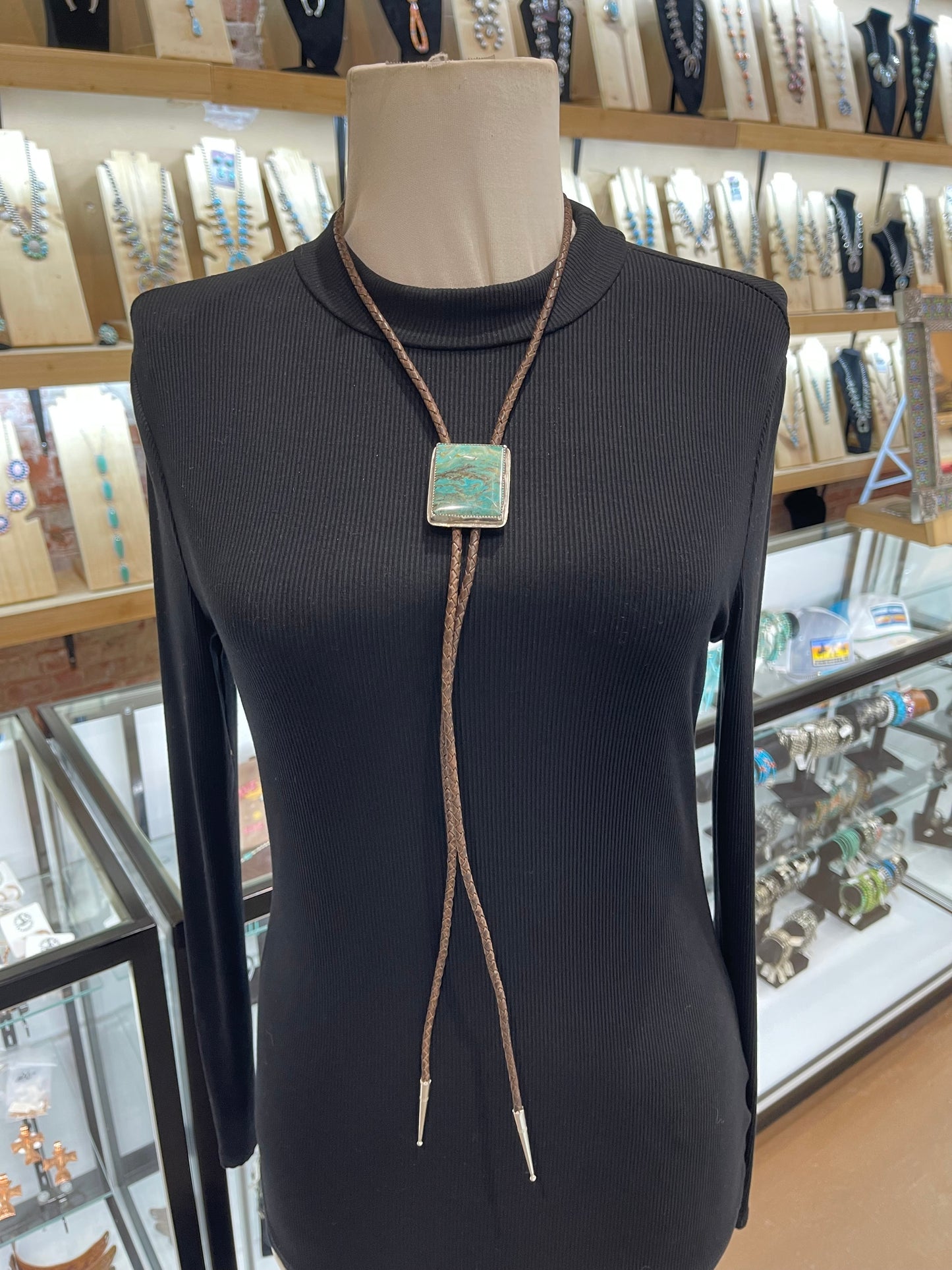 Square Kingman Turquoise Bolo Tie by Carrie Cannon, Kiowa