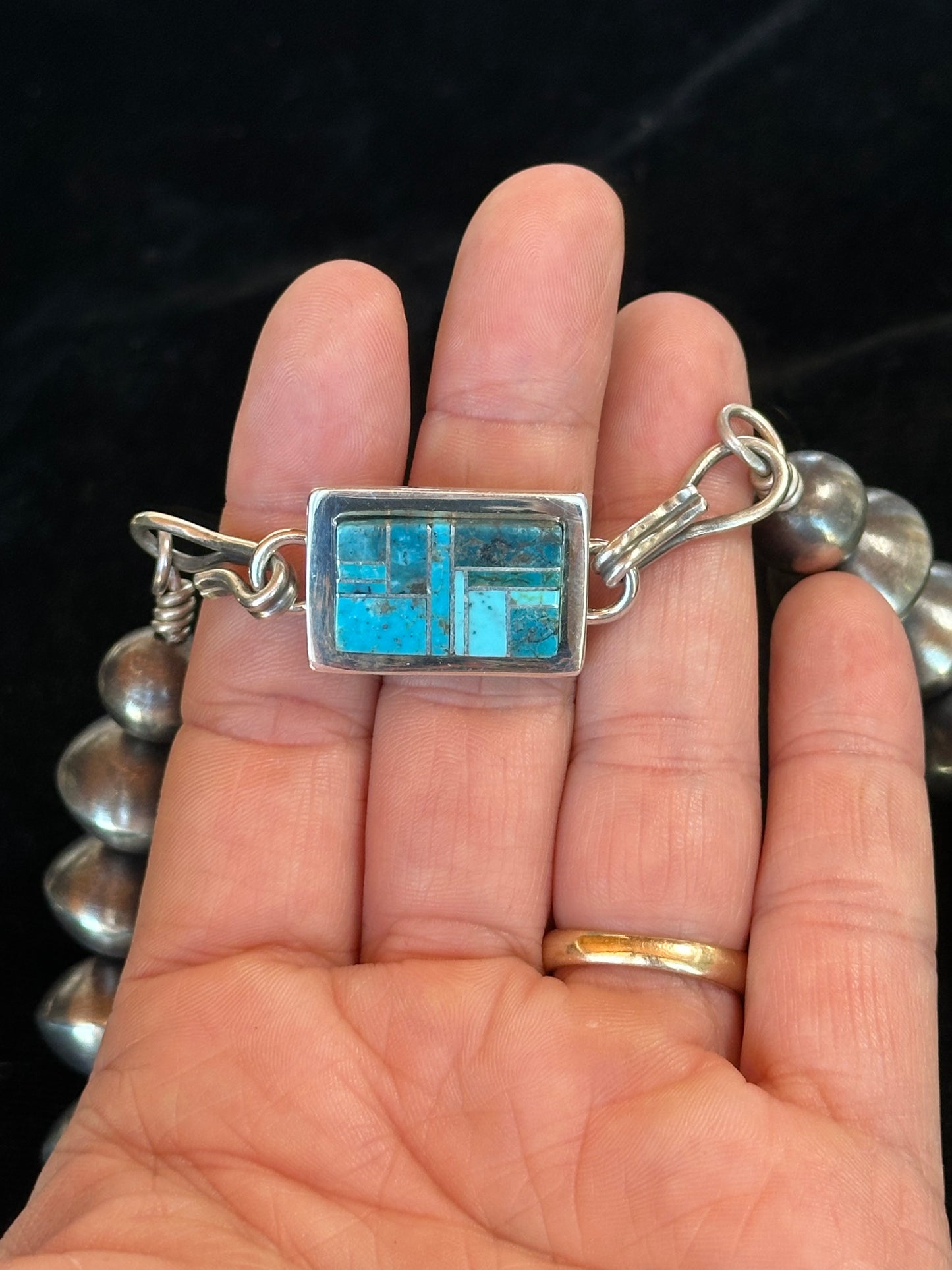 18" 17mm Navajo Pearl Necklace with a Inlayed Turquoise Clasp by Tustin Daye and Marie Jackson, Navajo