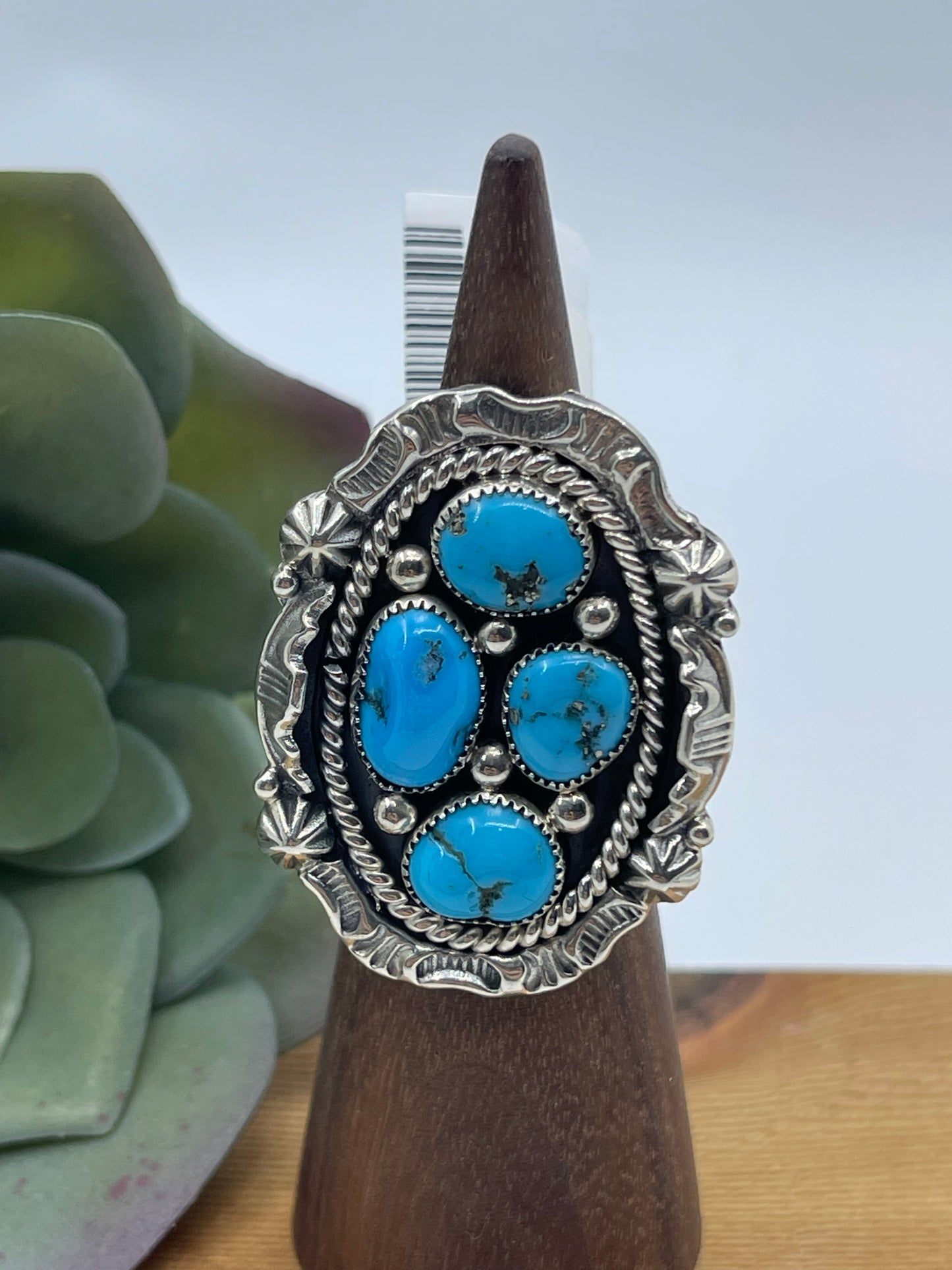5.5 4 Stone Kingman Turquoise Cluster Ring by Harold Becenti, Navajo