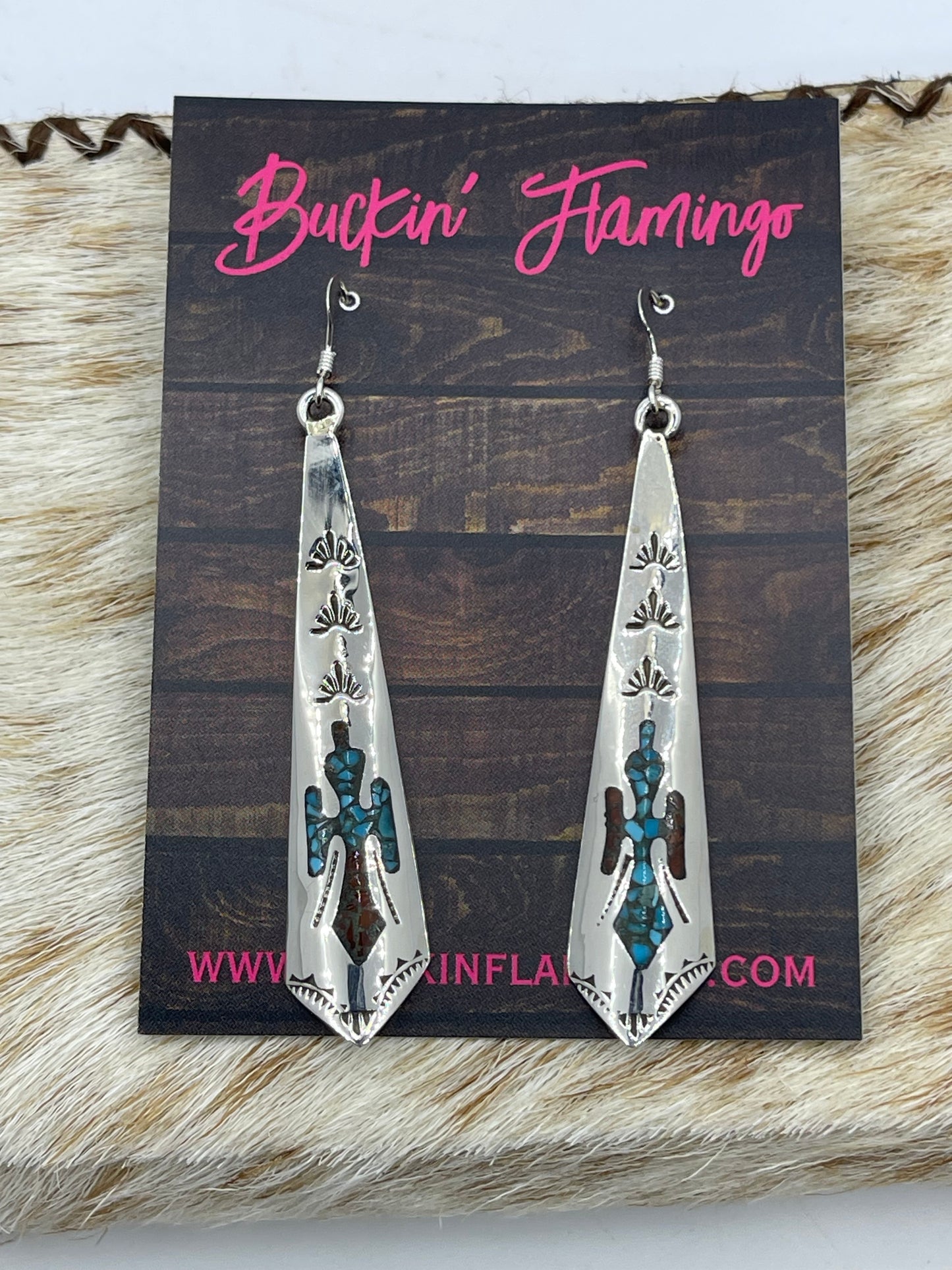 Turquoise and Coral Chip Inlay Dangle Earrings by Jolene Yazzie, Navajo