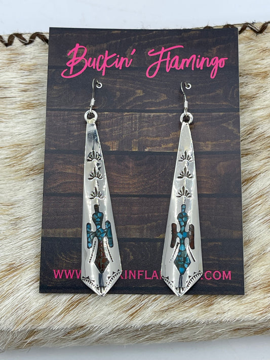 Turquoise and Coral Chip Inlay Dangle Earrings by Jolene Yazzie, Navajo