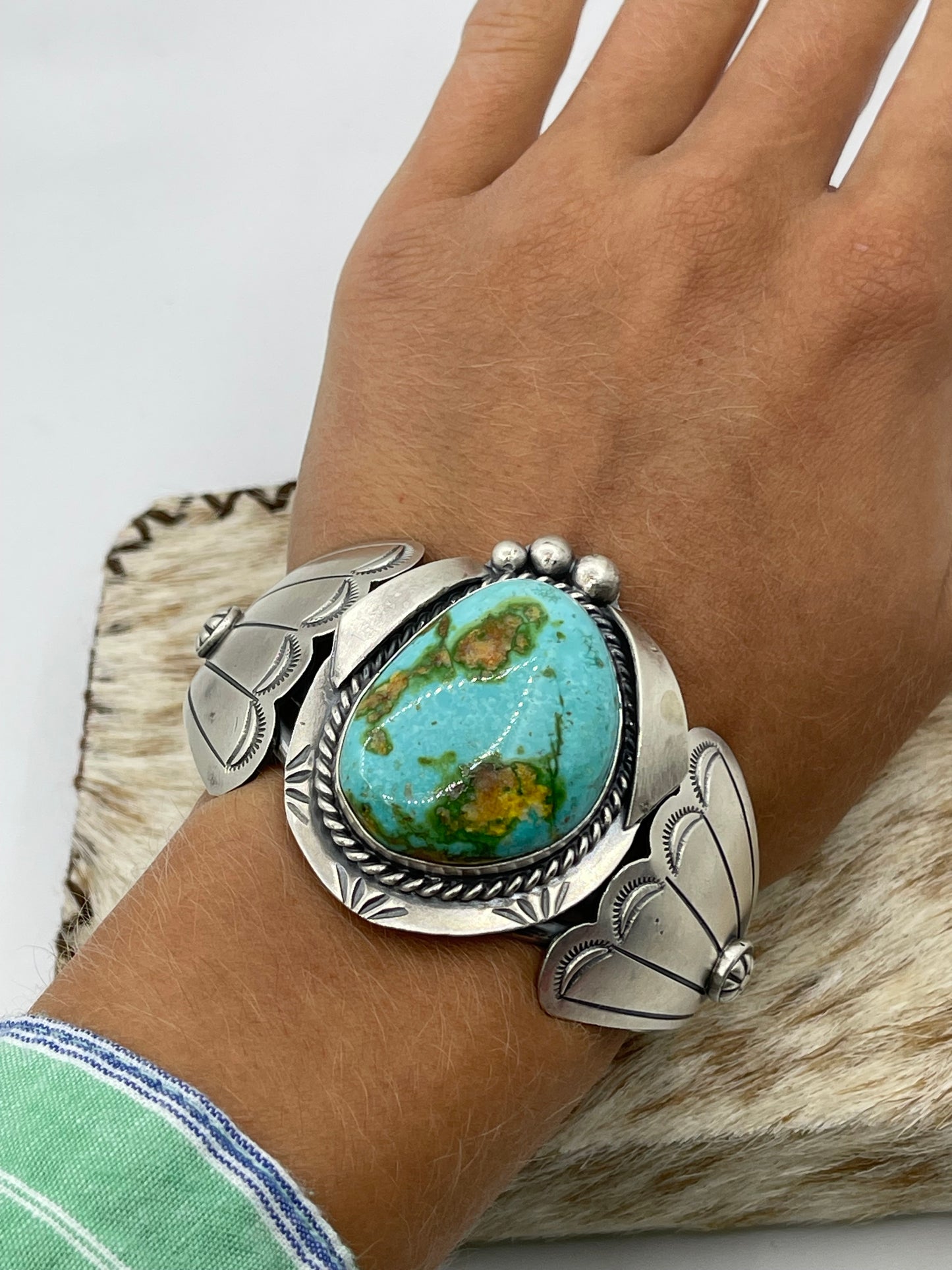 5 3/4"-7" Sonoran Gold Turquoise and Silver Cuff by Delbert Secatero, Navajo