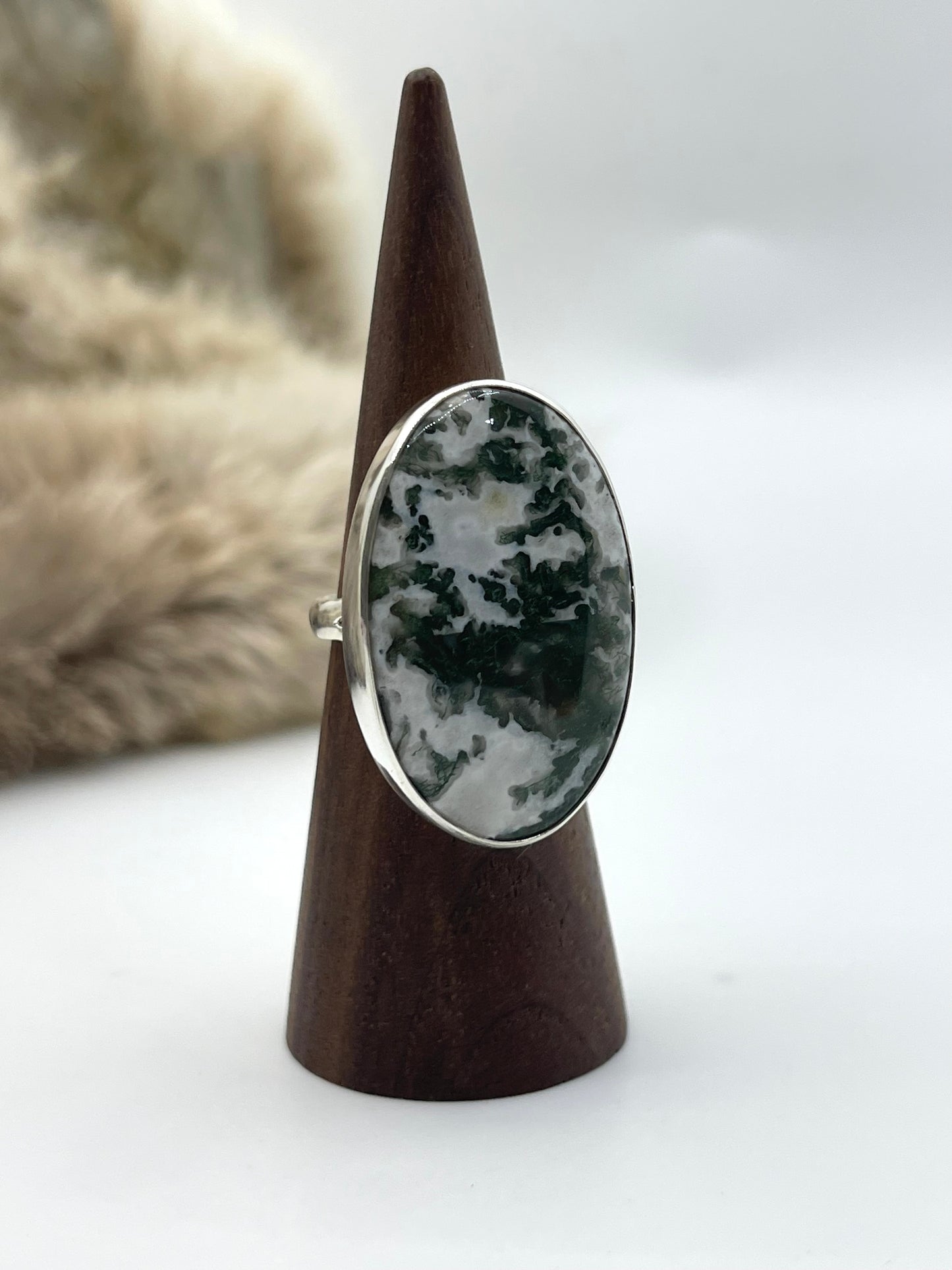 8.5 Moss Agate Ring by Lawrence Willie, Navajo