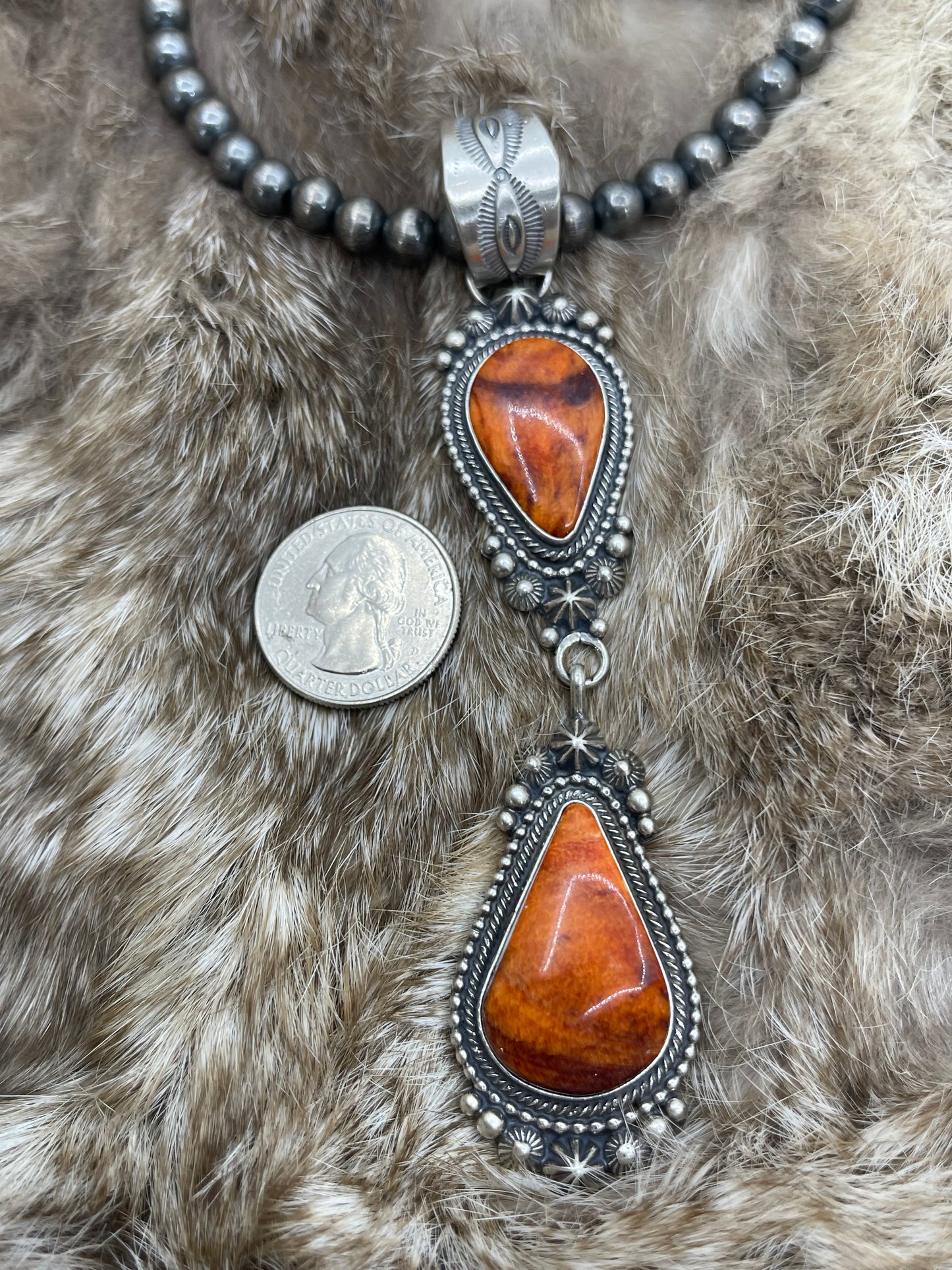 2 Stone Orange Spiny Oyster Pendant on 20" 7mm Navajo Style Pearls by Tom Lewis, Navajo
