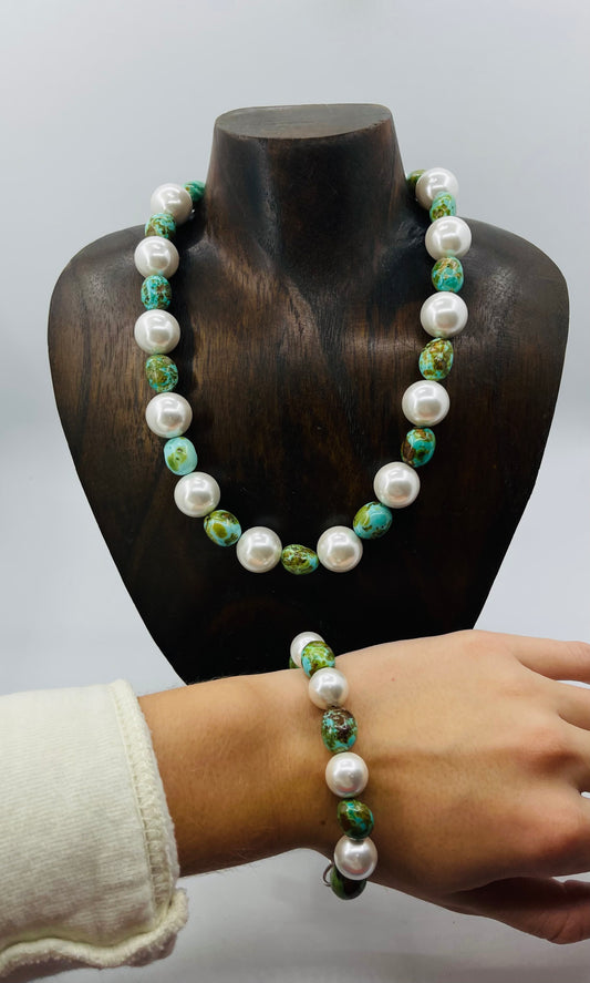 18" 16mm Freshwater Pearls and Sonoran Gold Turquoise Necklace and 6 3/4" Bracelet Set