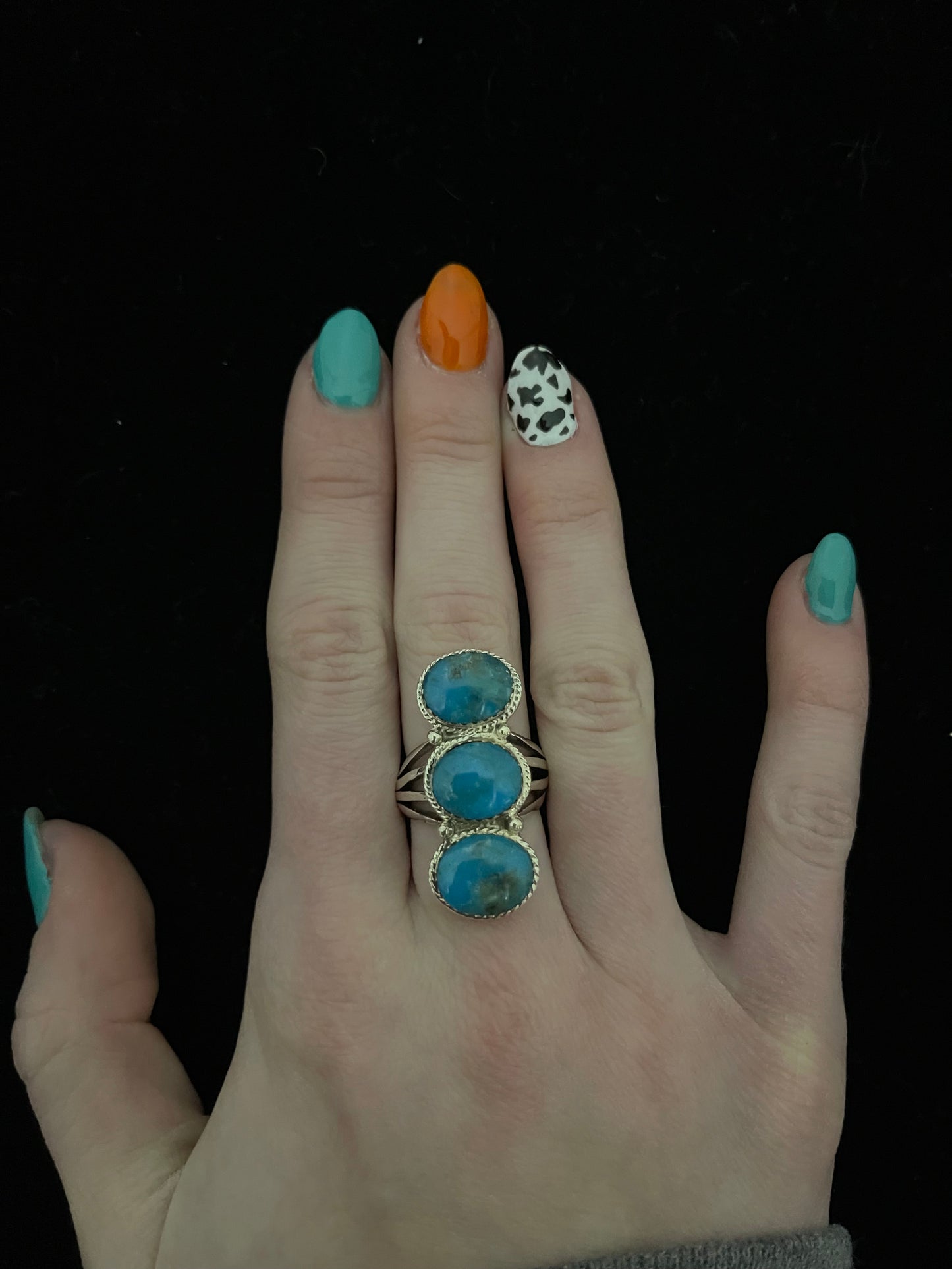 4.5 3 Stone Turquoise Ring by Sheena Jack, Navajo