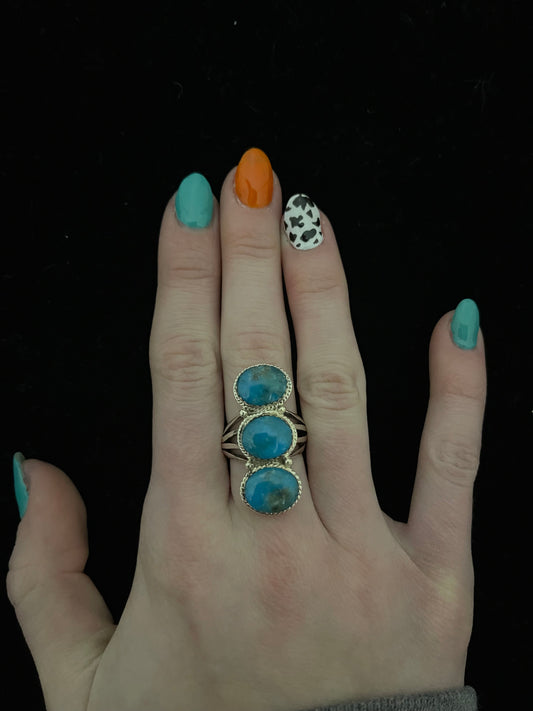 4.5 3 Stone Turquoise Ring by Sheena Jack, Navajo