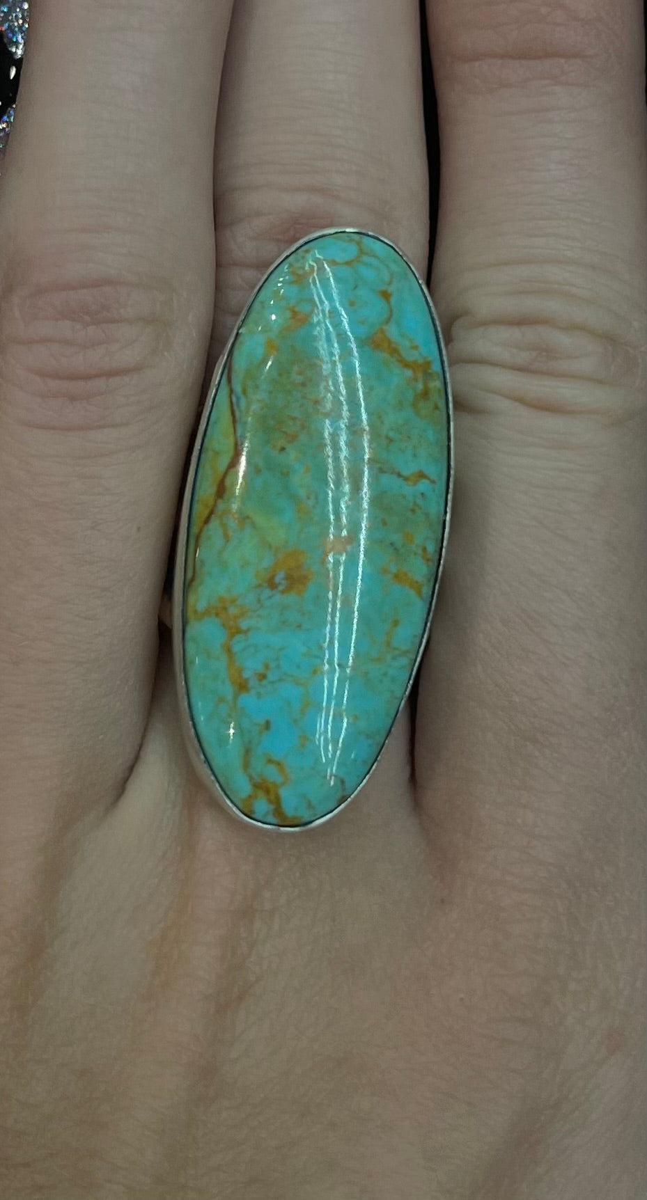 7.5 Boulder Ribbon Turquoise Oval Ring by Alfred Martinez, Navajo