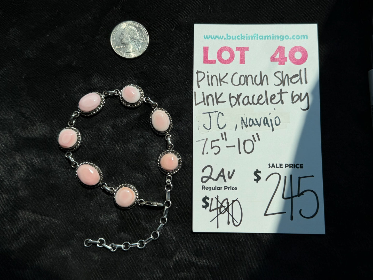 LOT 40 8/9 Pink Conch Shell Link Bracelet by JC, Navajo 7.5"-10"