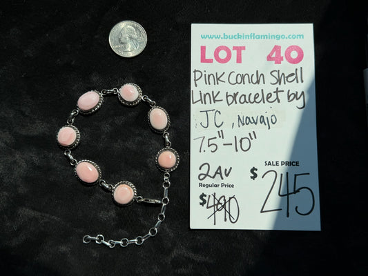 LOT 40 8/9 Pink Conch Shell Link Bracelet by JC, Navajo 7.5"-10"