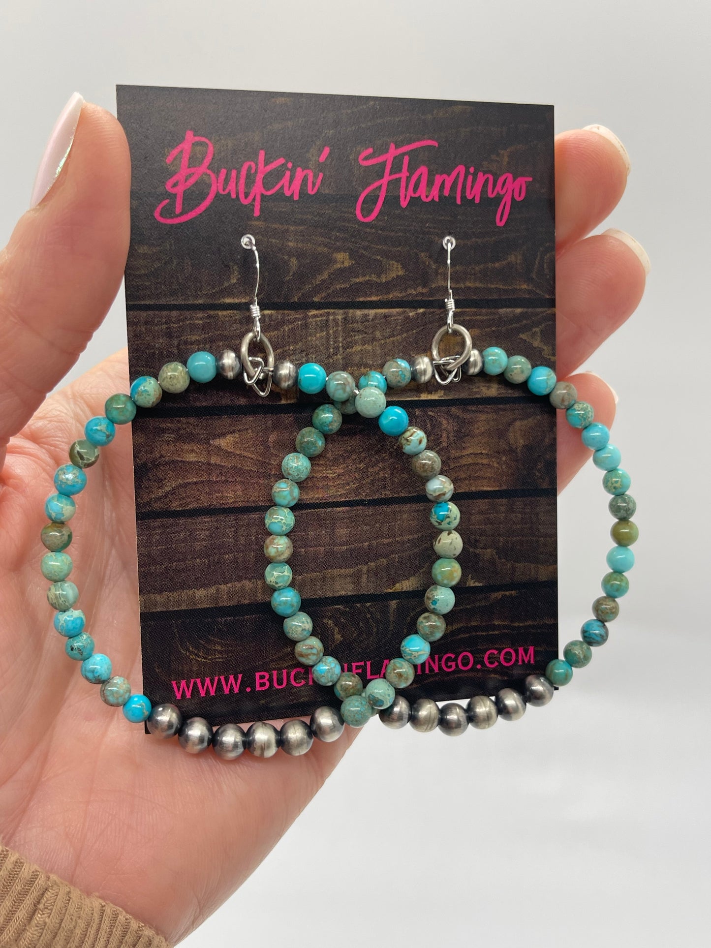 Turquoise and Handmade Navajo Pearls Hoop Dangle Earrings by Louise Joe, Navajo