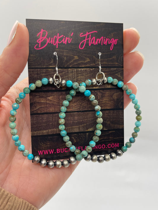 Turquoise and Handmade Navajo Pearls Hoop Dangle Earrings by Louise Joe, Navajo