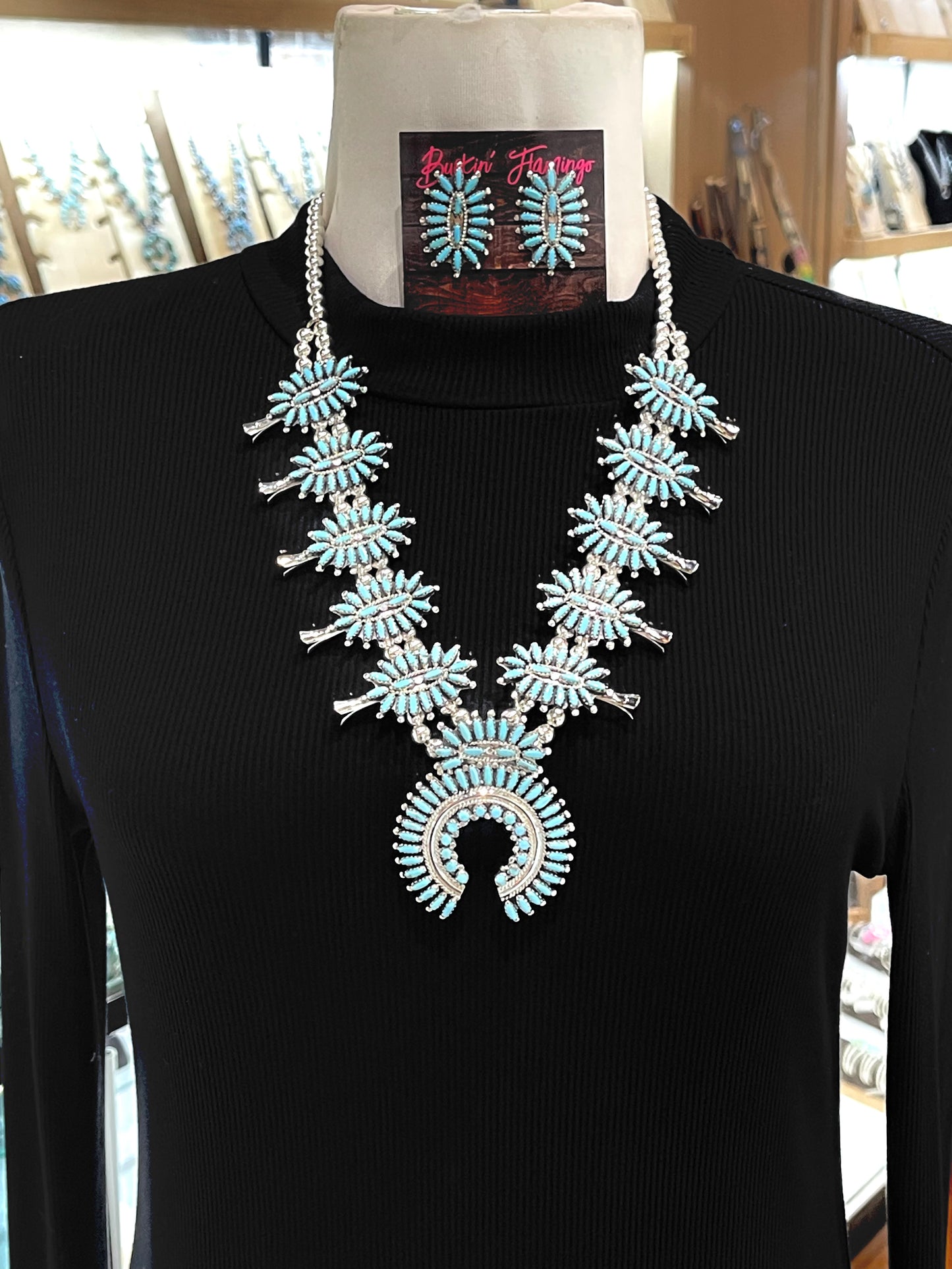 24" Sleeping Beauty Turquoise Needlepoint Squash Blossom & Earring Set by Nathaniel Nez, Navajo