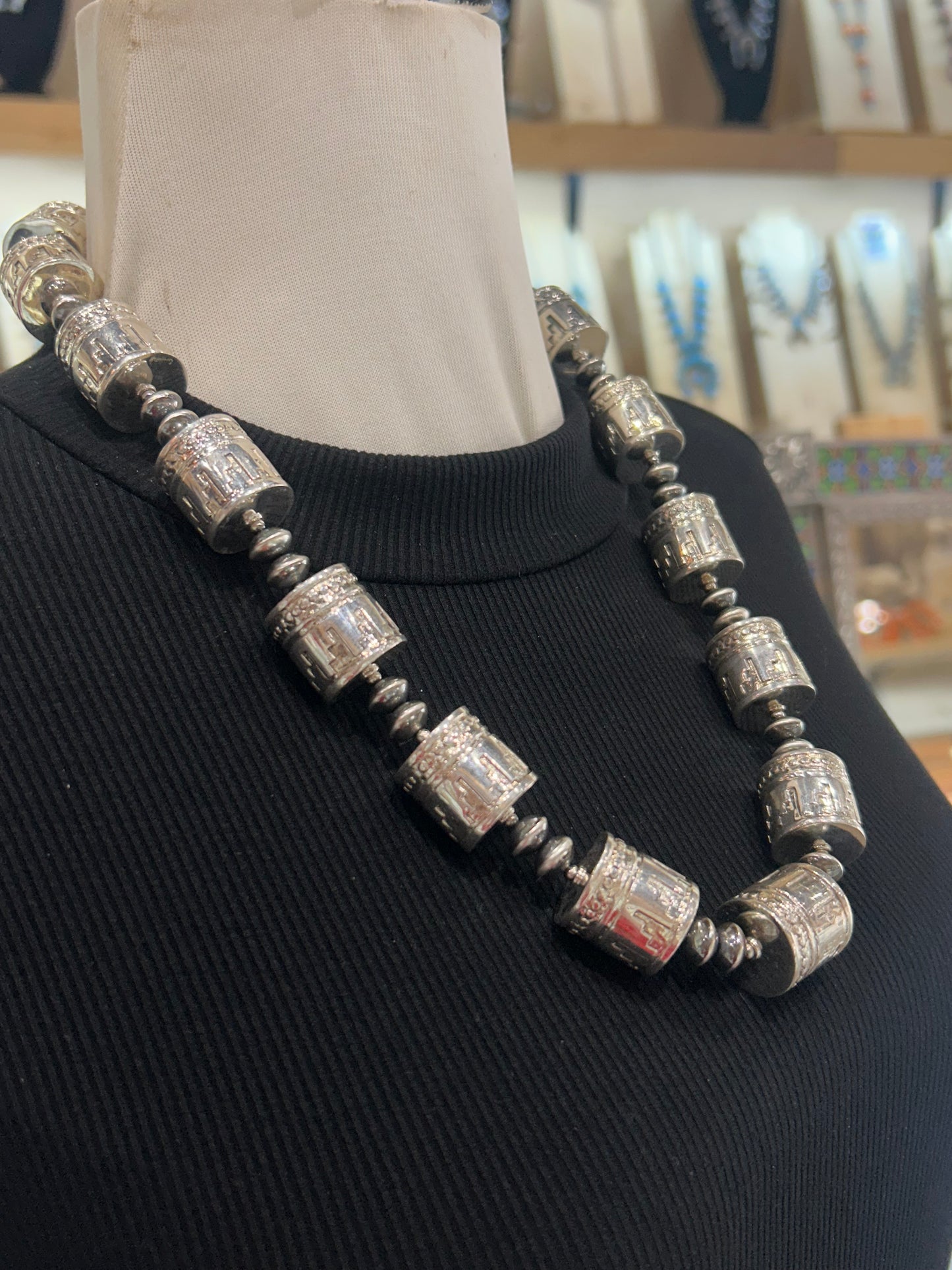 24" Machine Stamped Barrel Beads with Navajo Style Pearls Necklace