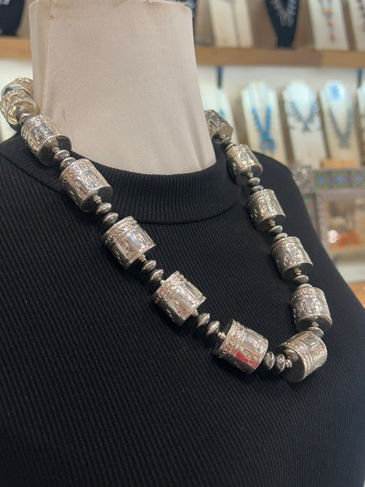 24" Machine Stamped Barrel Beads with Navajo Style Pearls Necklace