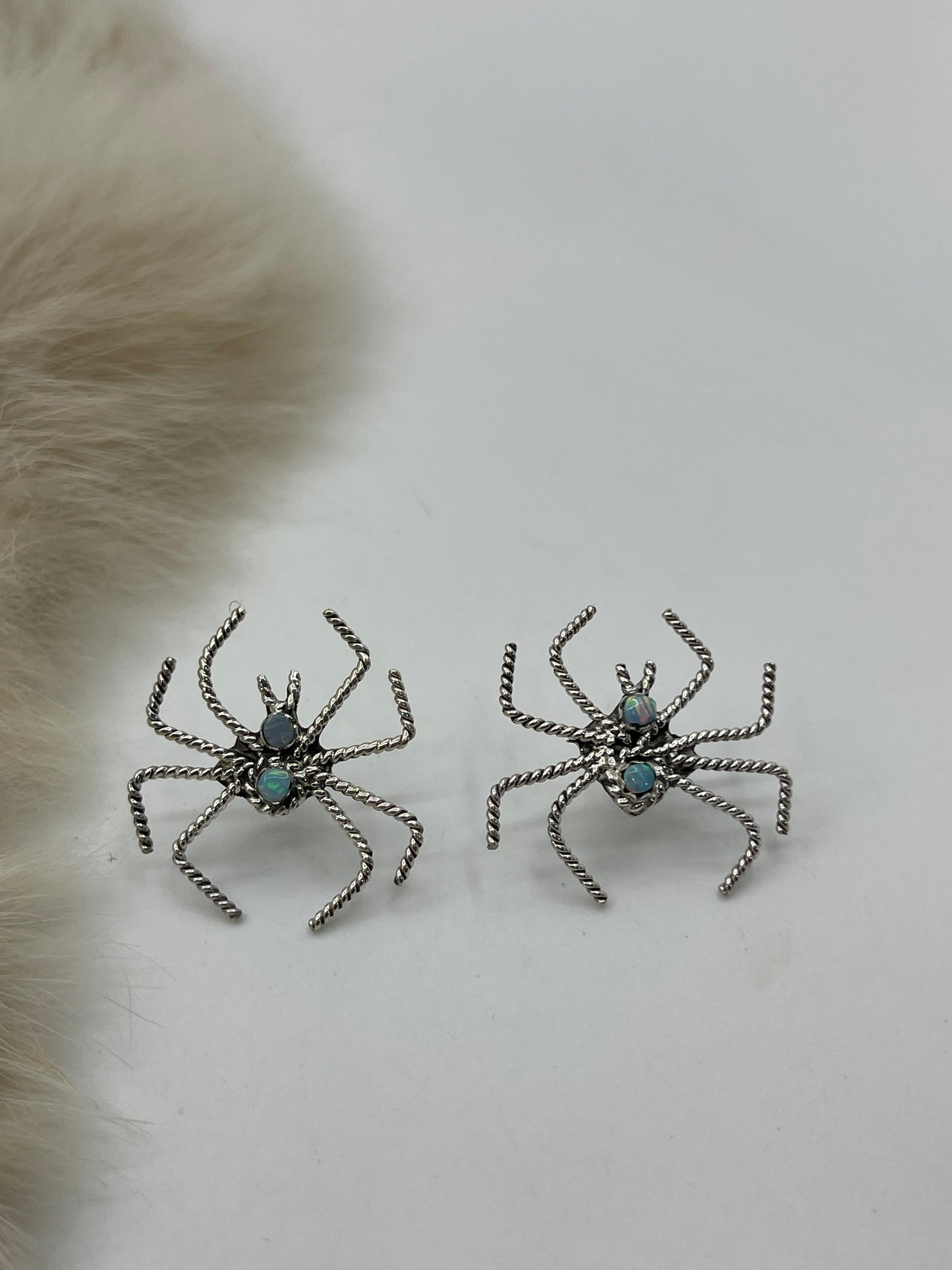 White Opal Spider Post Earrings by Gilbert Weebothee, Zuni