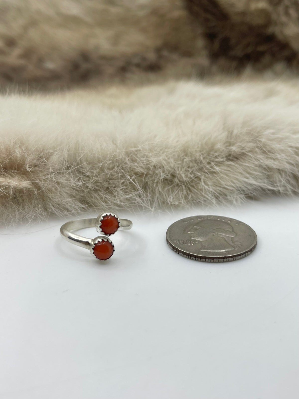 8.0 2 Stone Red Coral Semi-Adjustable Ring, Navajo