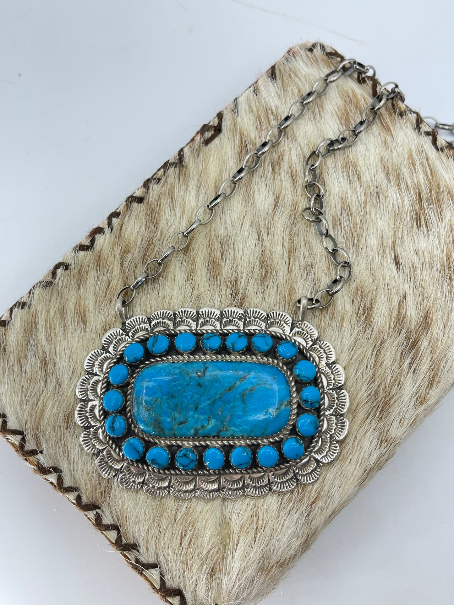 18" Kingman Turquoise Cluster Bar Necklace by Larry Etsitty, Navajo