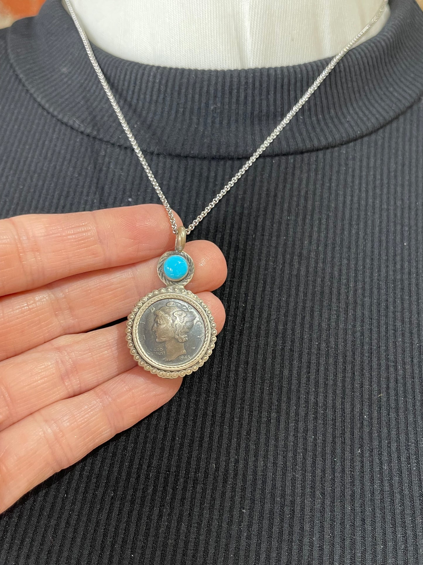 18" Silver Dime with Turquoise Stone Pendant Necklace with a 4mm Bale