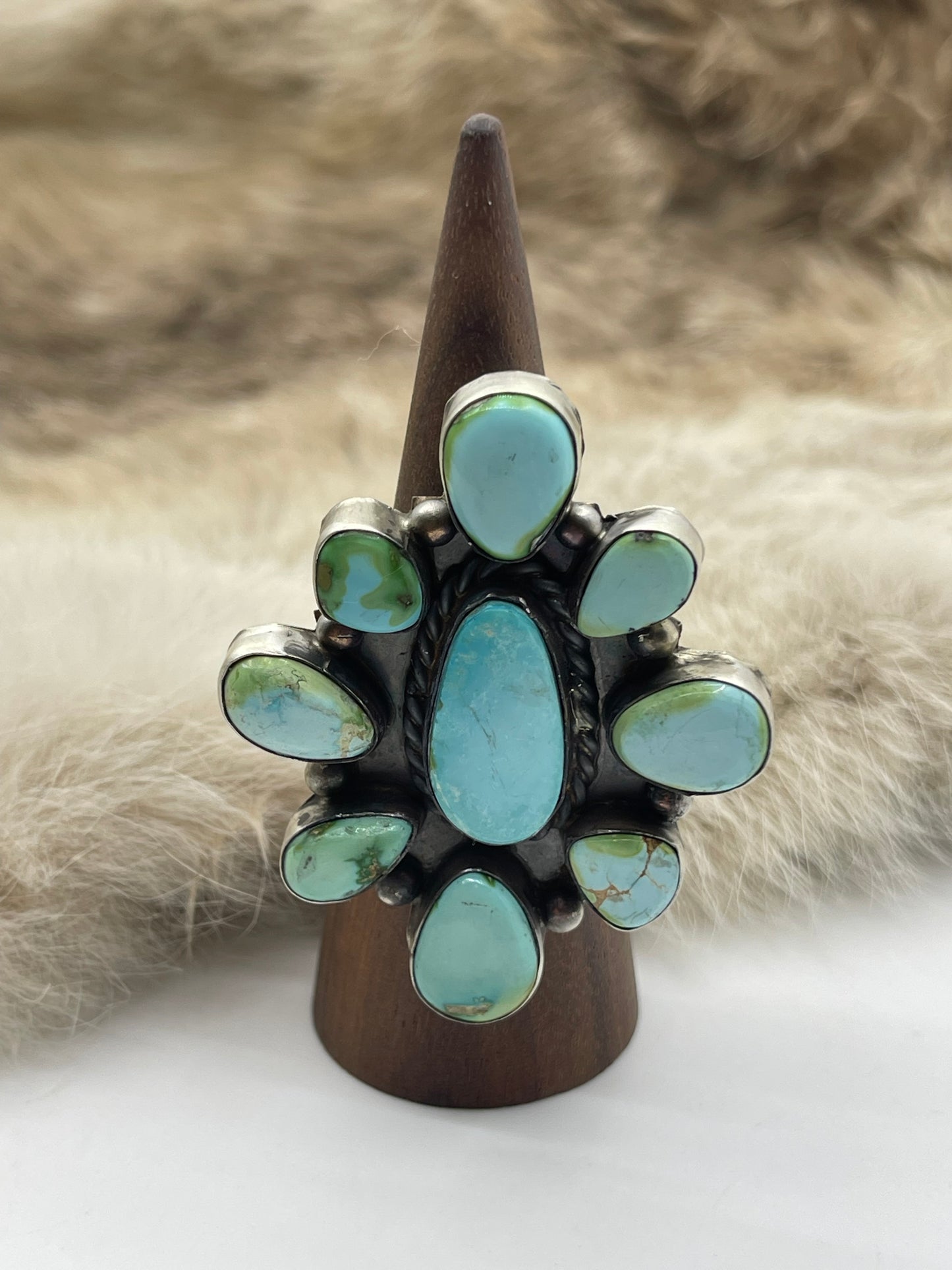 Adjustable 7.0-11.0 Sonoran Gold Turquoise Cluster Ring by Aldora Henry, Navajo