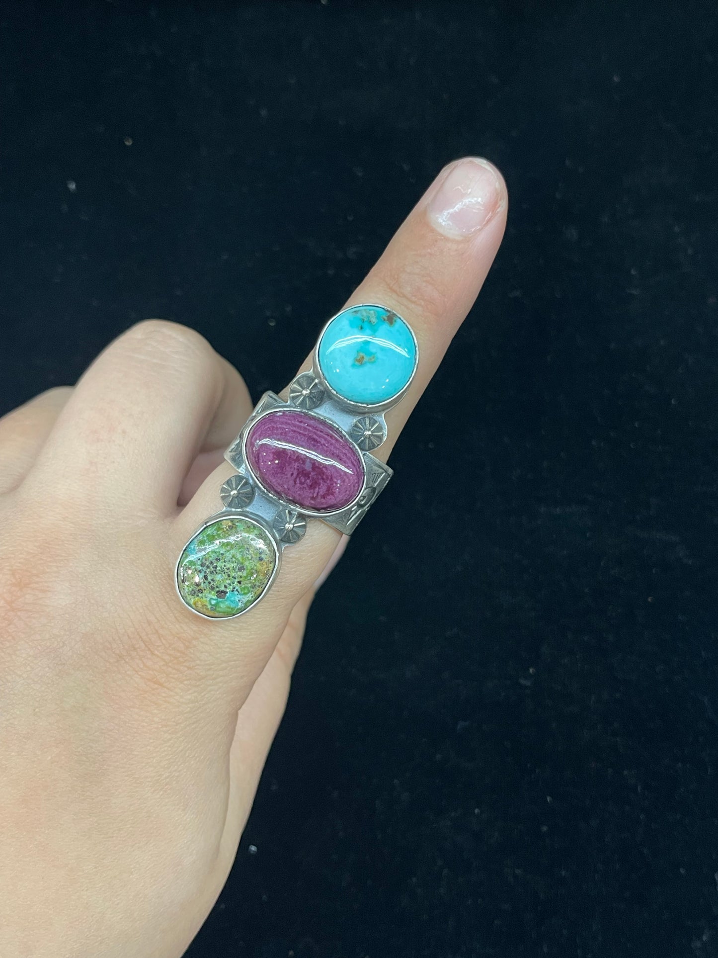 9.5 Turquoise and Purple Spiny Oyster Shell 3 Stone Ring by Boyd Ashley, Navajo