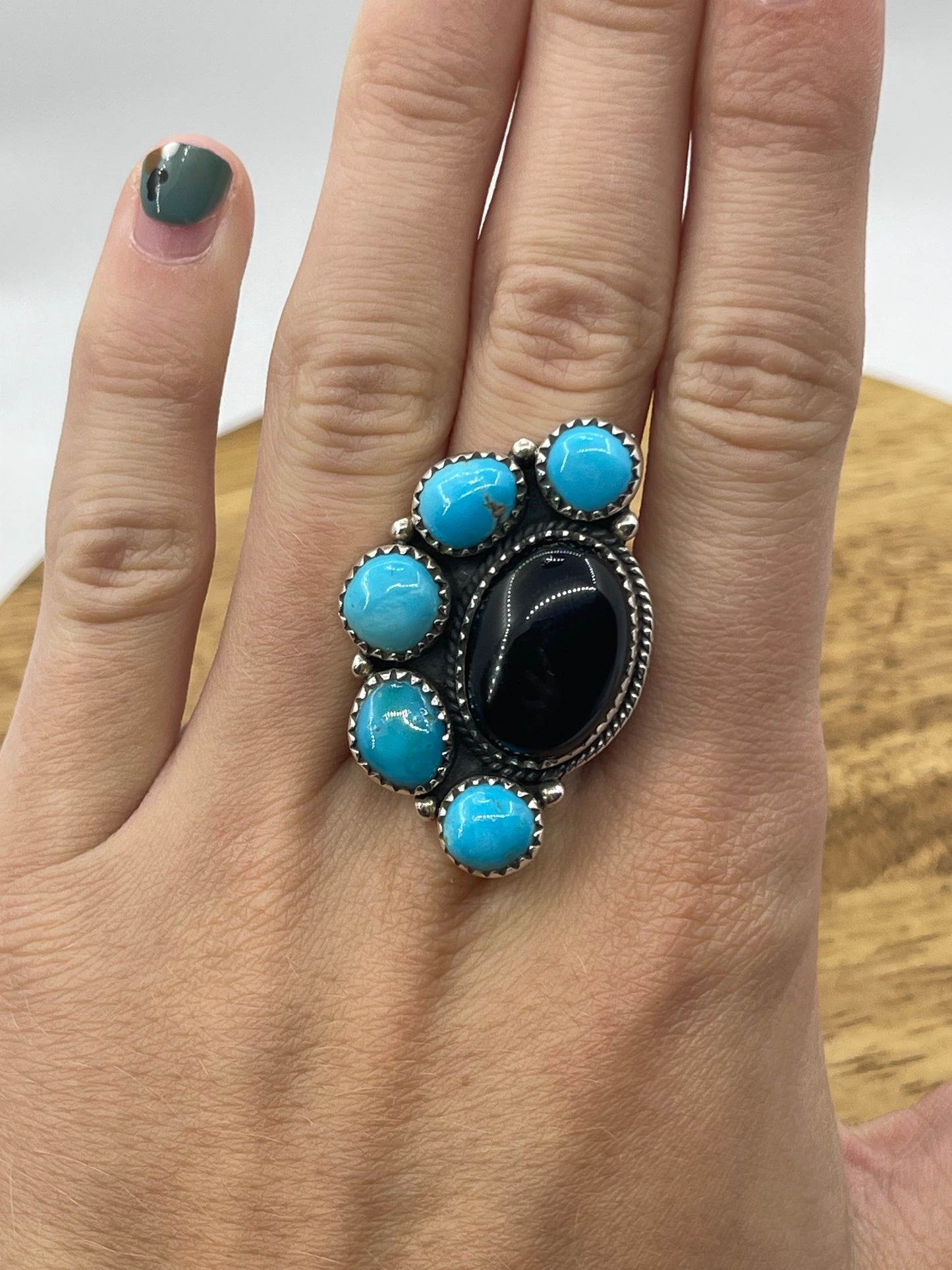 Adjustable Turquoise and Black Onyx Half Cluster Ring