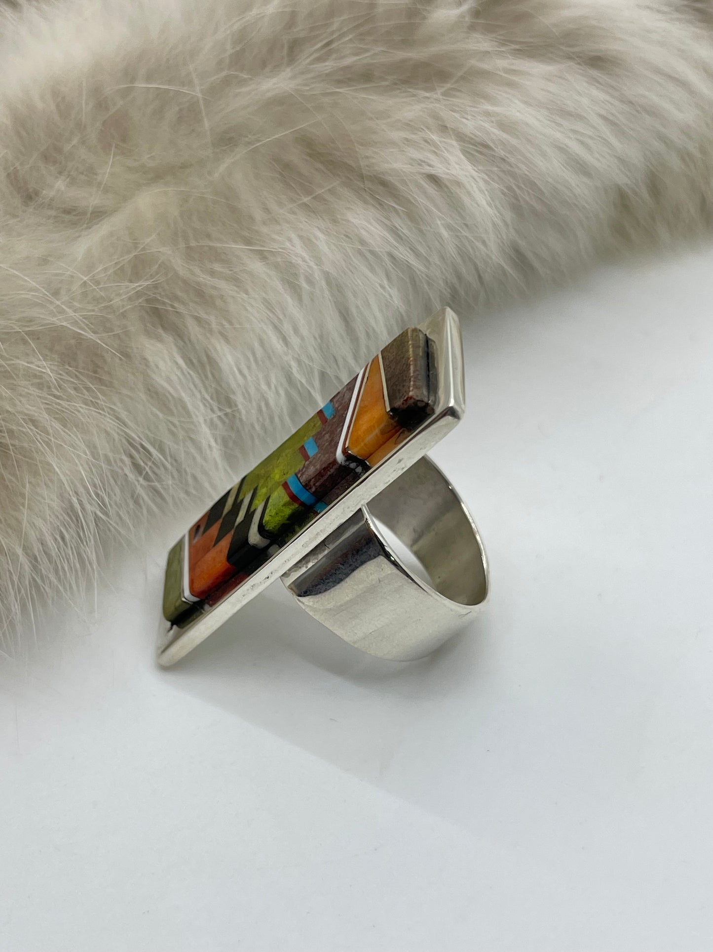 9.0 Rectangle Amazing Inlay Ring by Marie Jackson, Navajo