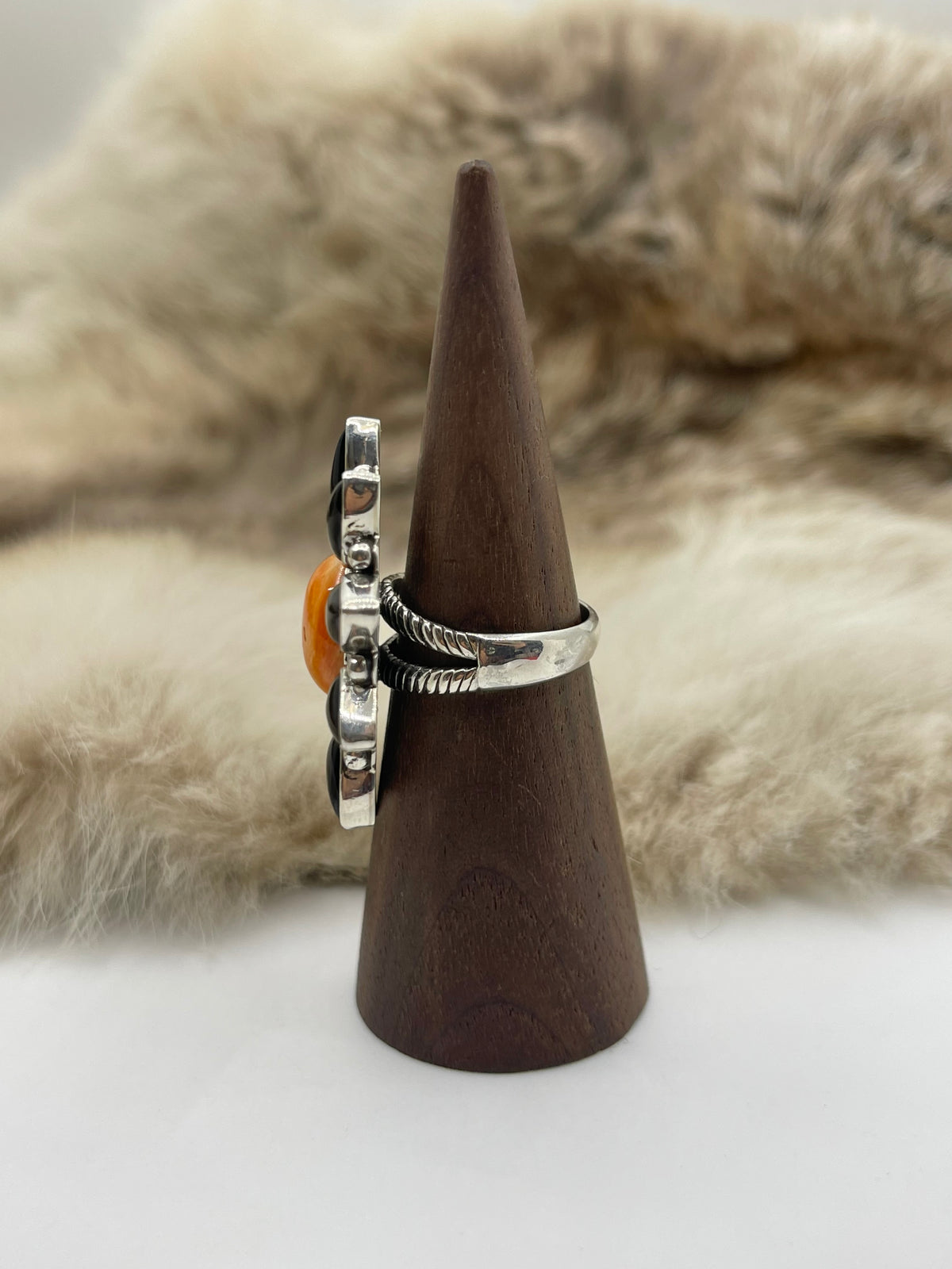 8.0 Black Onyx & Orange Spiny Cluster Ring