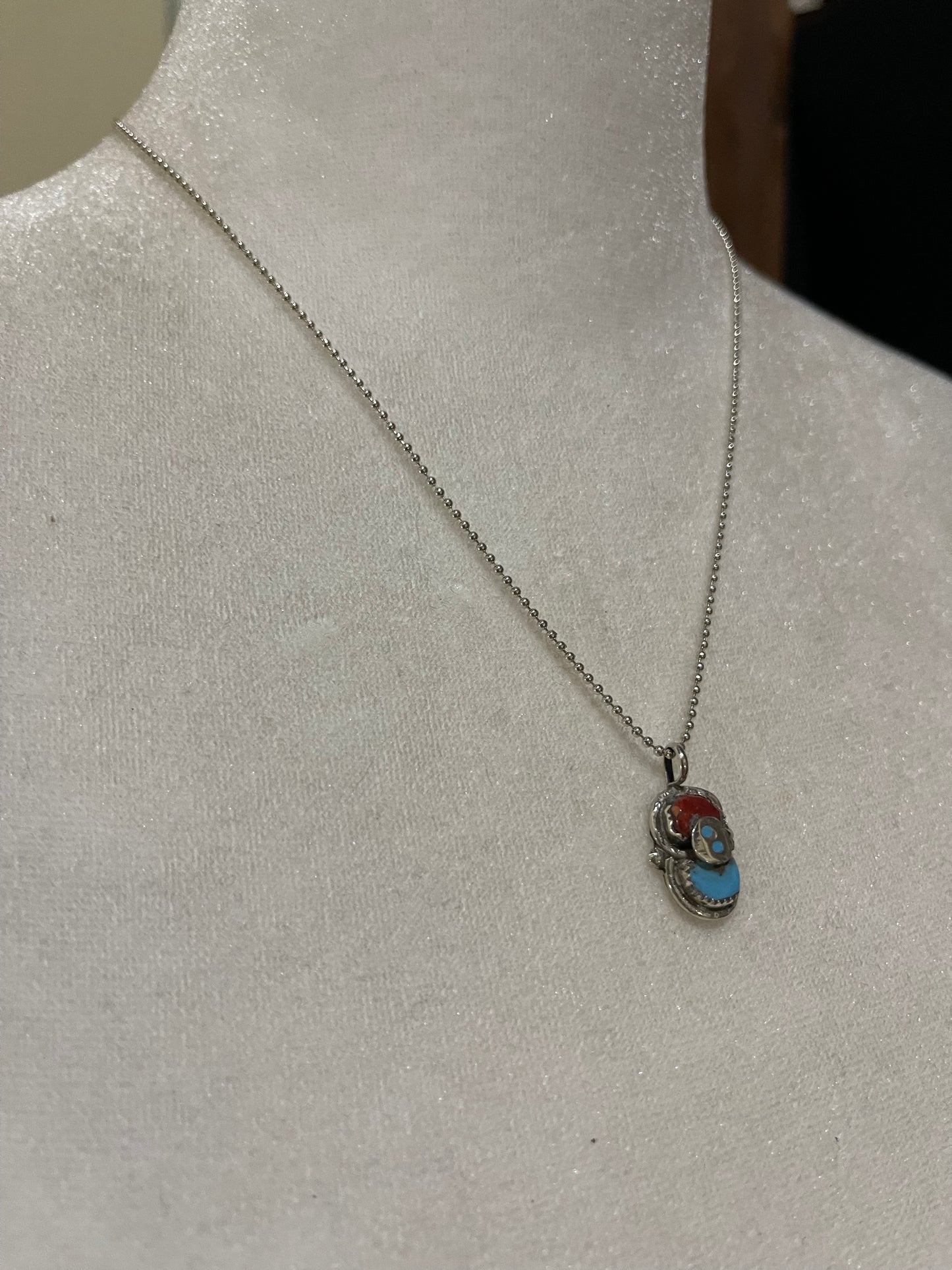 Red Coral and Turquoise Snake Pendant Necklace by Gayle Calabeza, Zuni