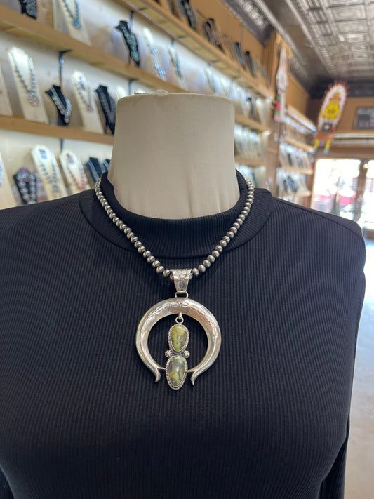 18" 6mm Navajo Style Pearls2 Stone Palomino Turquoise Naja Pendant by Derrick Gordon, Navajo