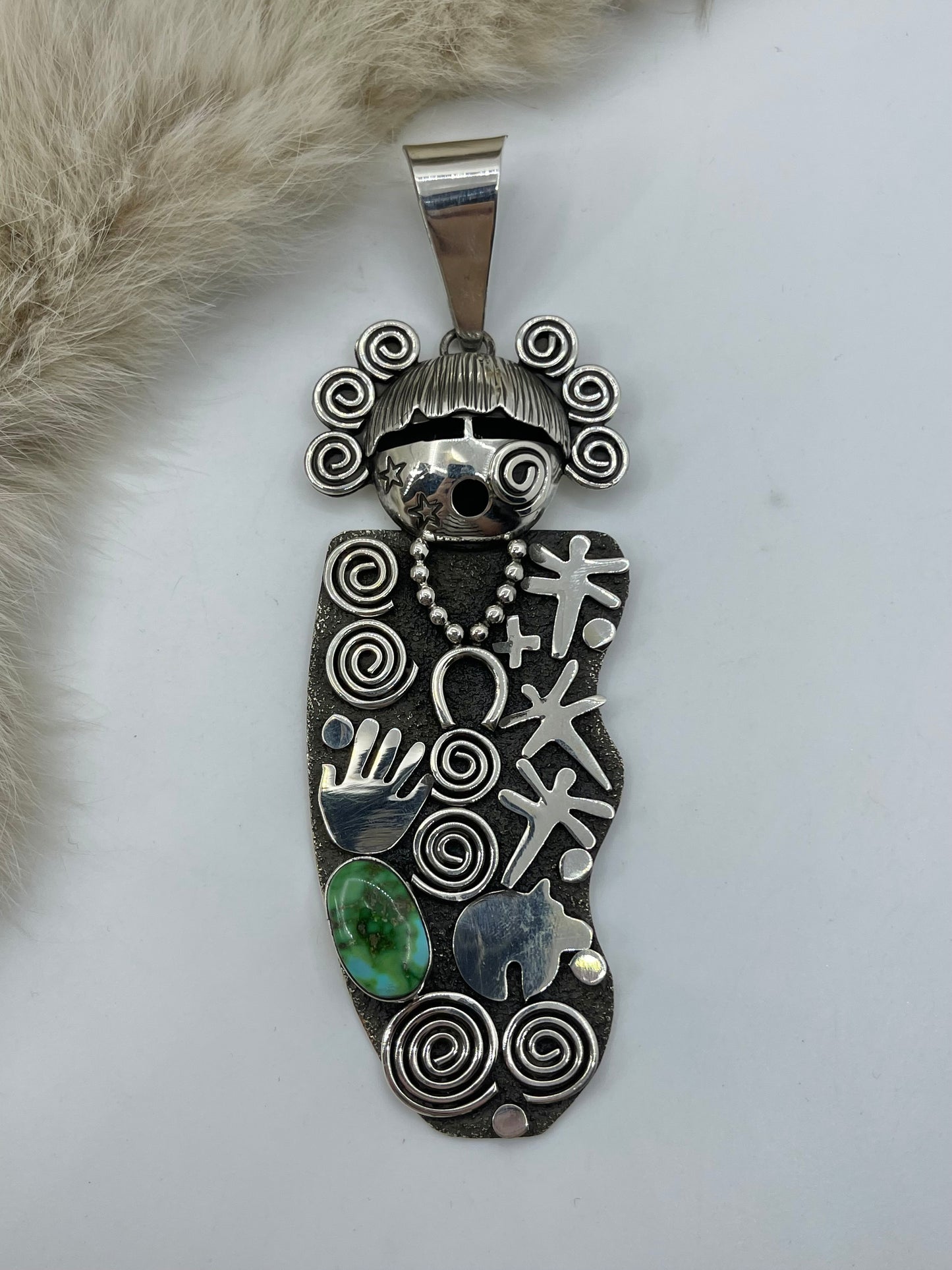 Maiden Face Petroglyph Pendant with Kingman Turquoise by Alex Sanchez, Navajo