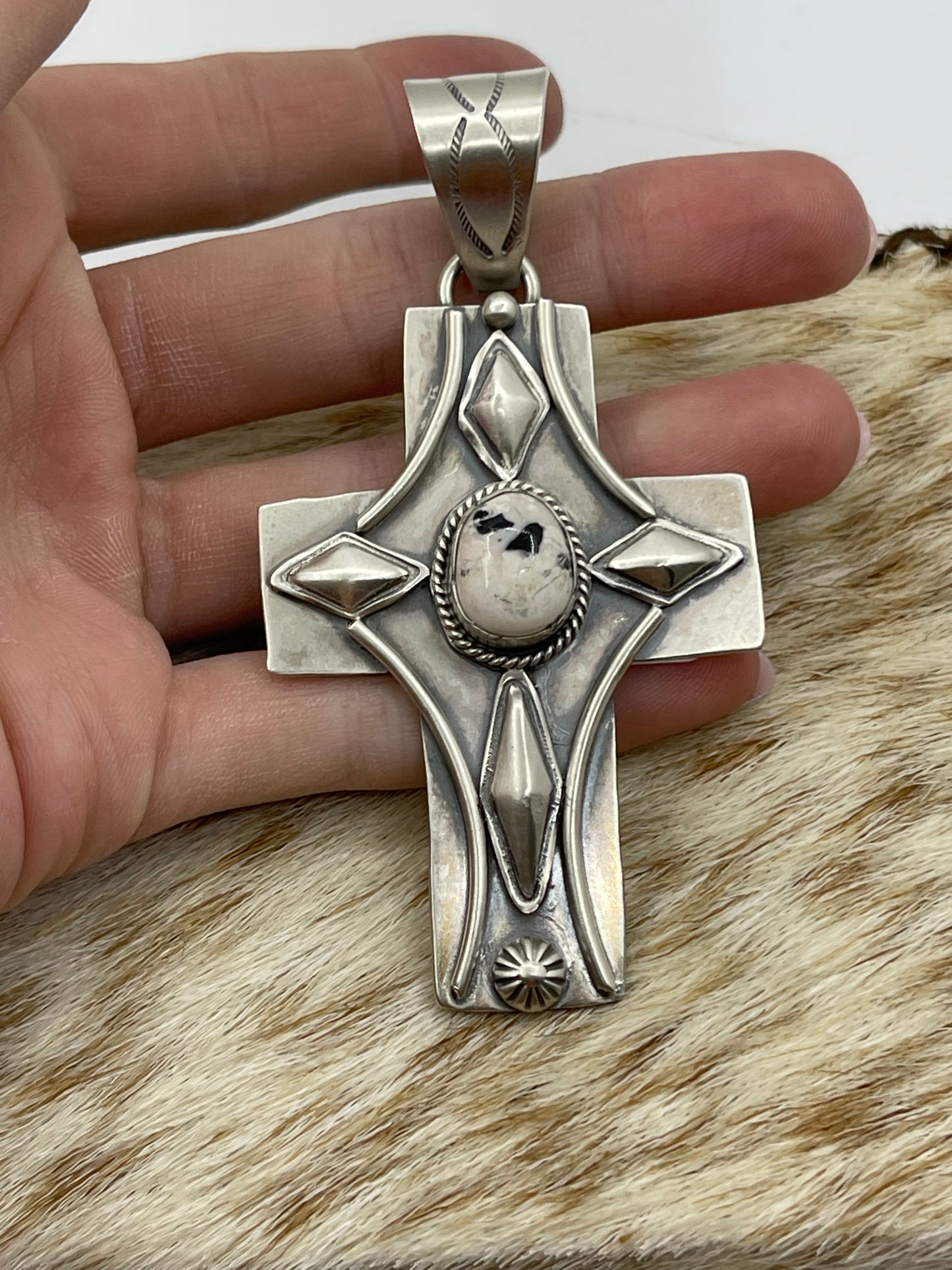 White Buffalo Cross Pendant with a 10.8mm Bale by Gabby Jurado,Mexican