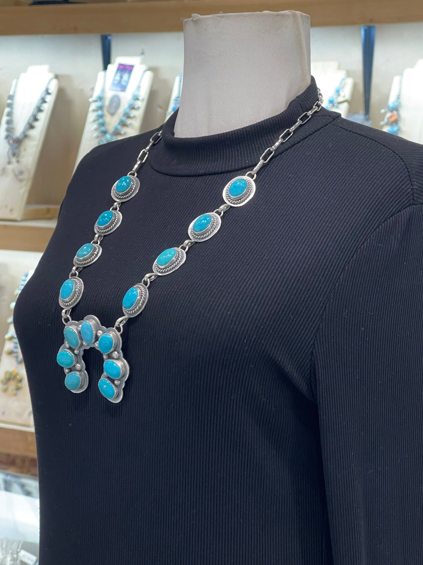 LOT 15 8/16 25" (Squash Blossom Style) Kingman Turquoise Naja Necklace by Delbert Secatero, Navajo