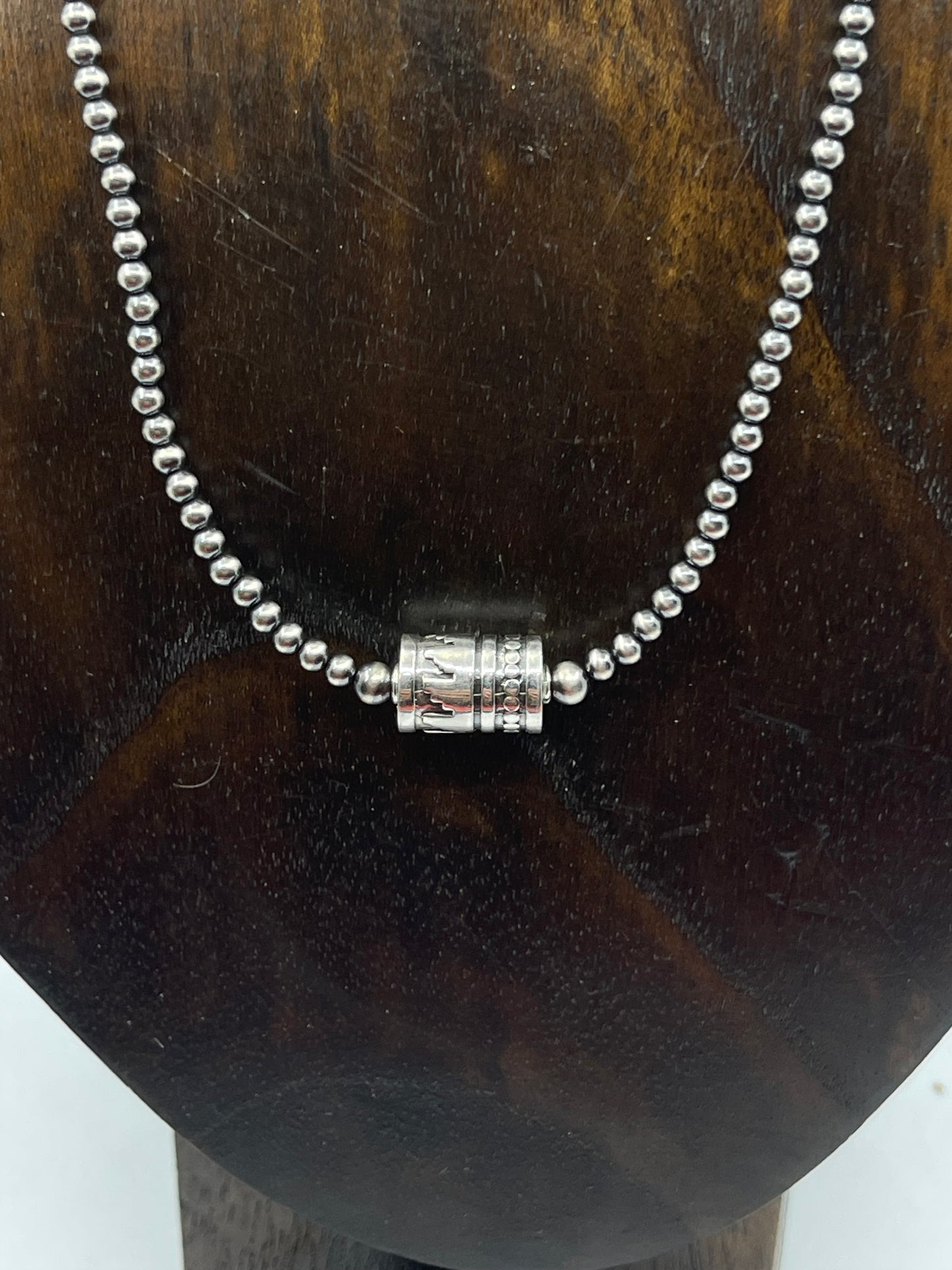 17 1/2" 3mm Navajo Pearls and 9mm Stamped Barrel Bead Necklace