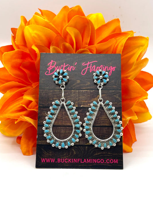 Zuni Needlepoint Turquoise Cluster Teardrop Dangle Earrings by Tricia Leekitty, Zuni