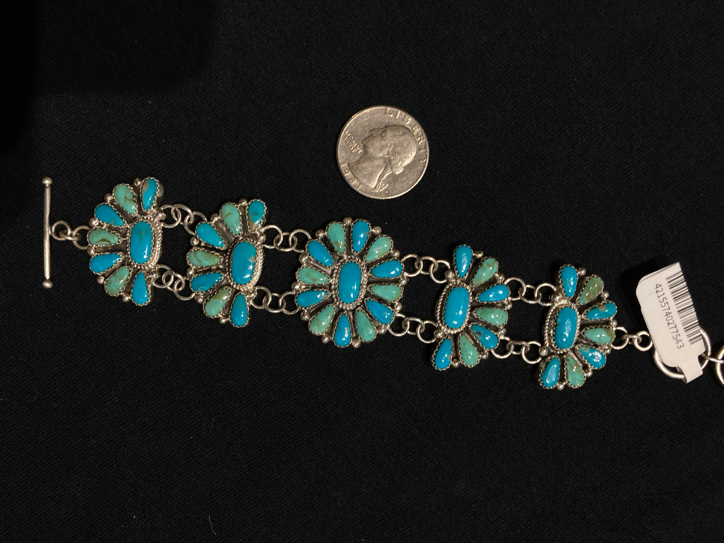 6"-7 1/2" Turquoise Cluster Link Bracelet by Alicia Wilson, Navajo