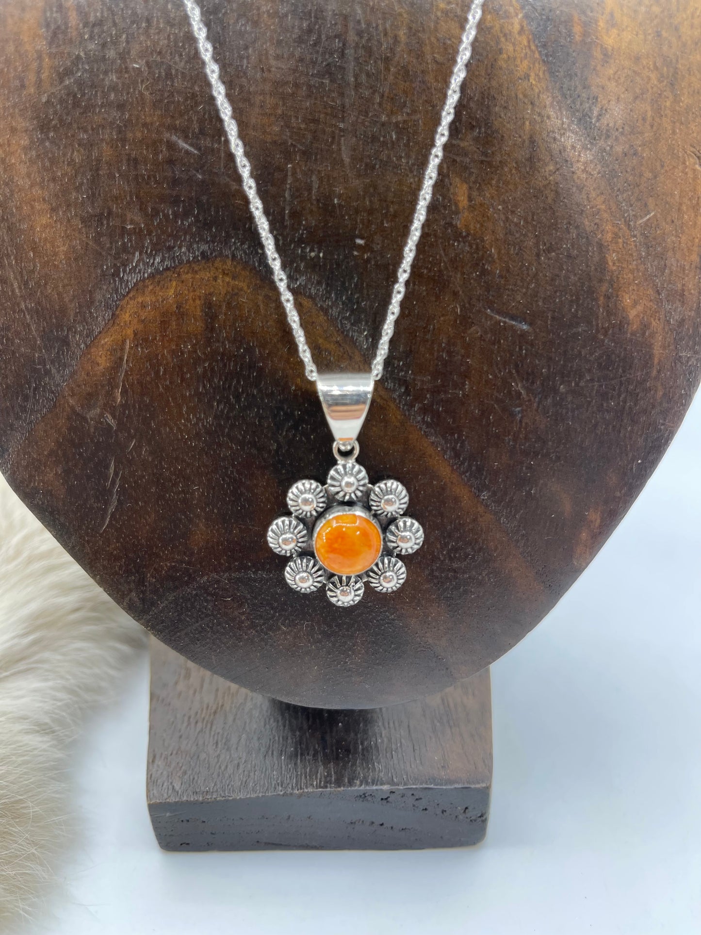 Orange Spiny Oyster Shell Flower Pendant on 18" Chain
