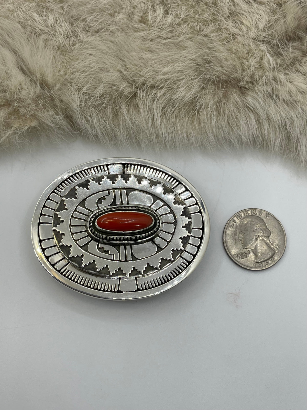 Red Coral Belt Buckle & Bolo Tie Set by Leonard Nez, Navajo