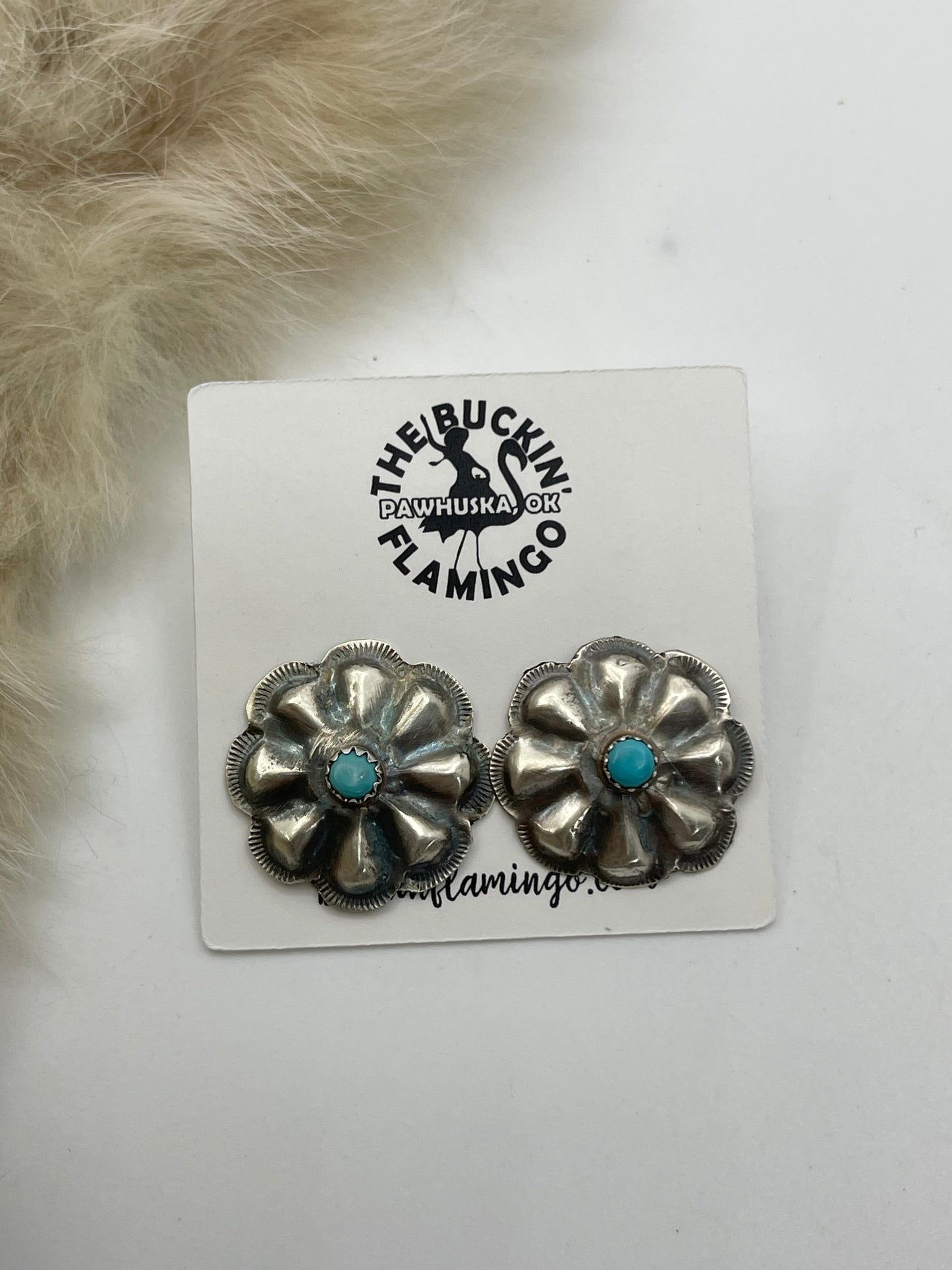 Stamped Silver Concho with Turquoise Post Earrings by Joan and Ryan Begay, Navajo