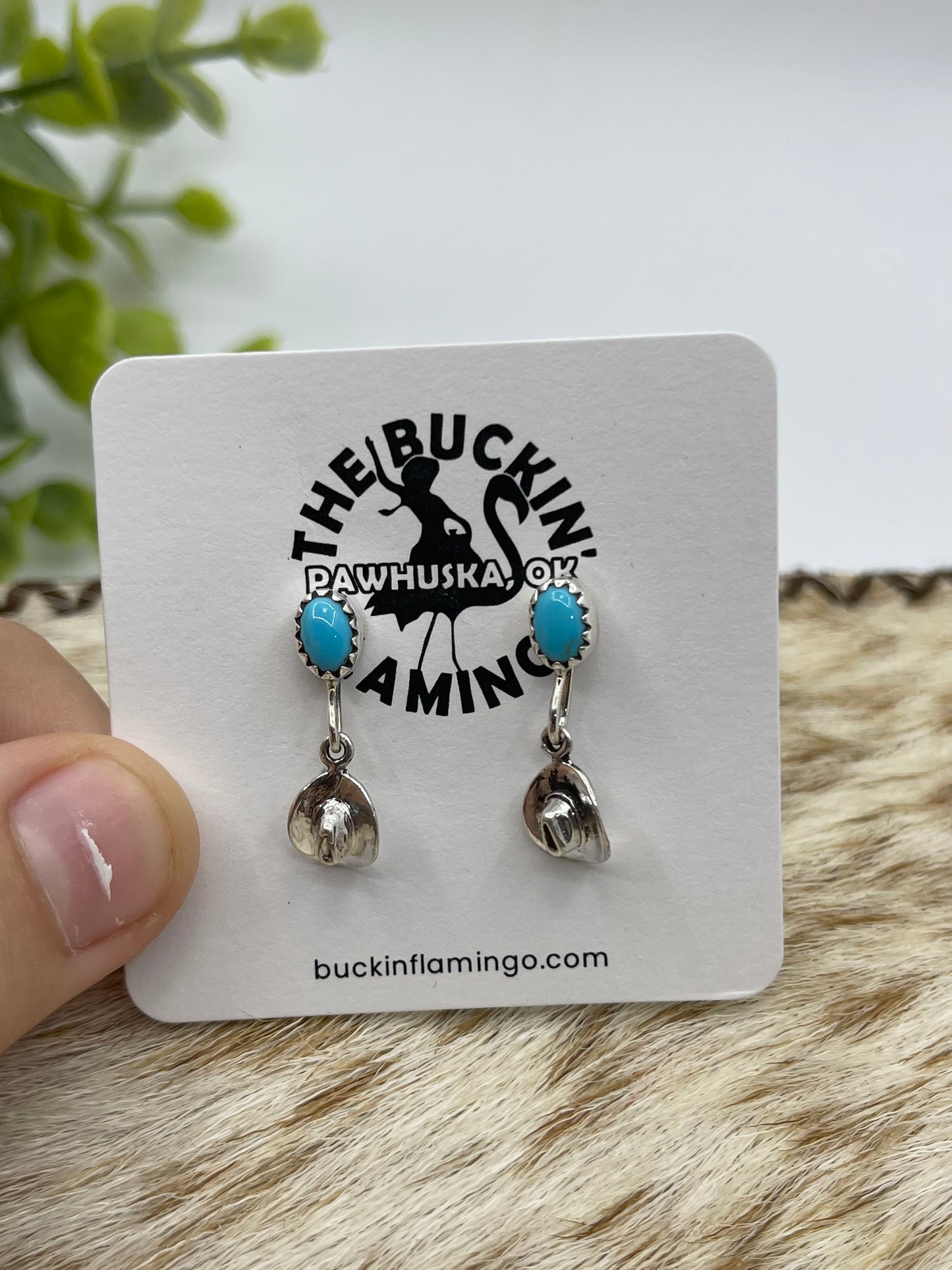 Tiny Cowboy Hat with Turquoise Stone Earrings