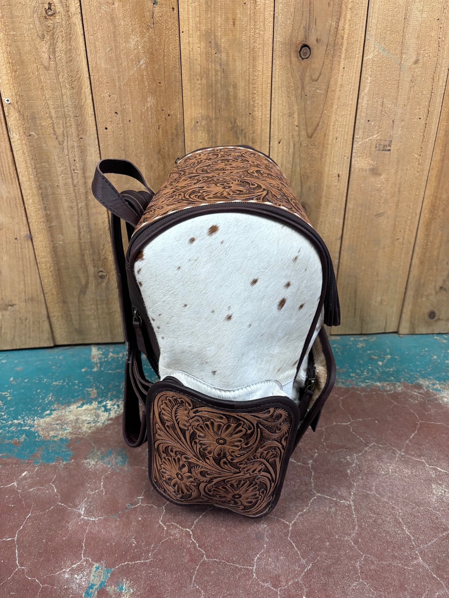 Version 2 Brown and White Cowhide Flower Tooled Leather Backpack