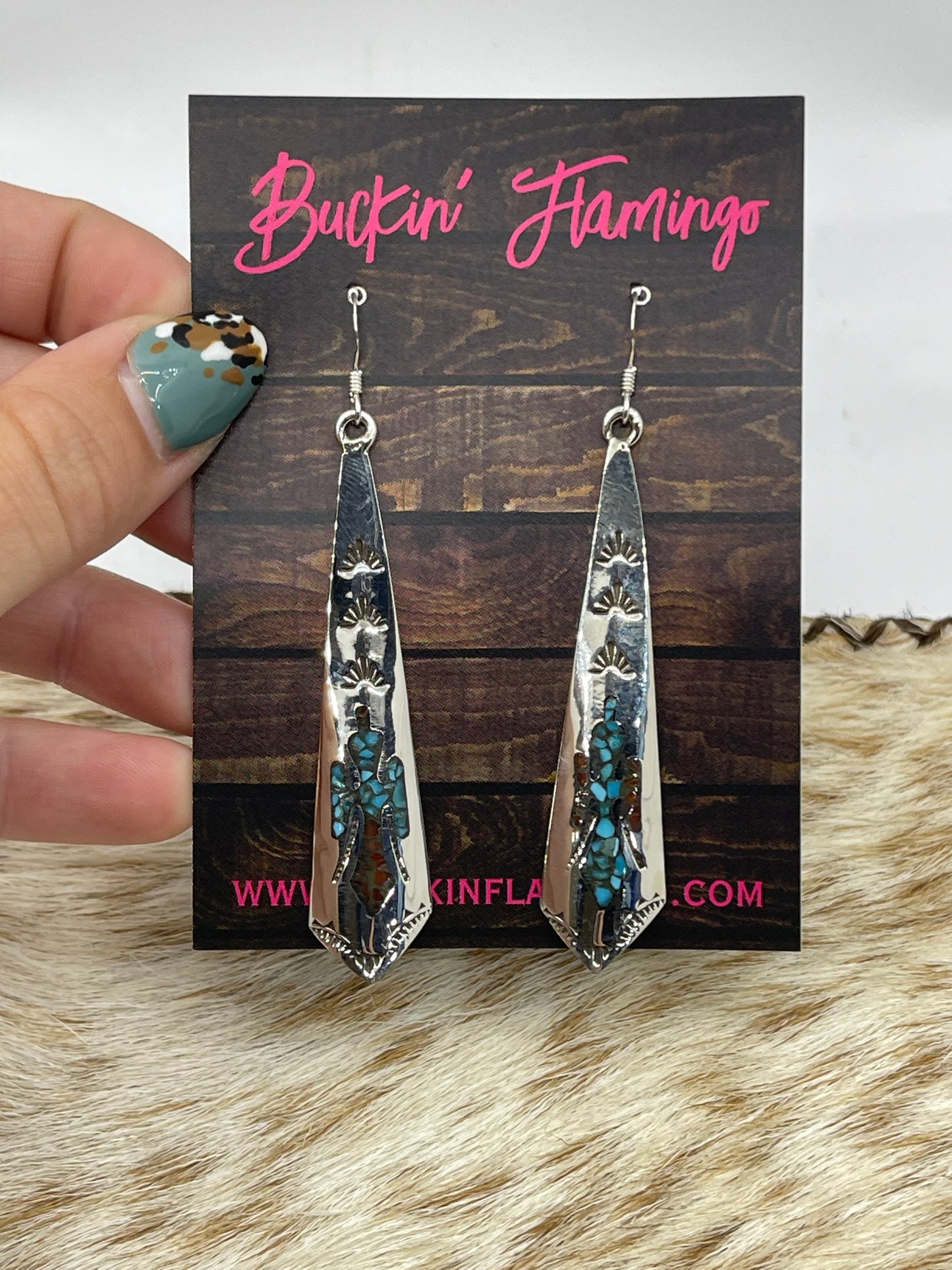 Turquoise and Coral Chip Inlay Dangle Earrings by Jolene Yazzie, Navajo