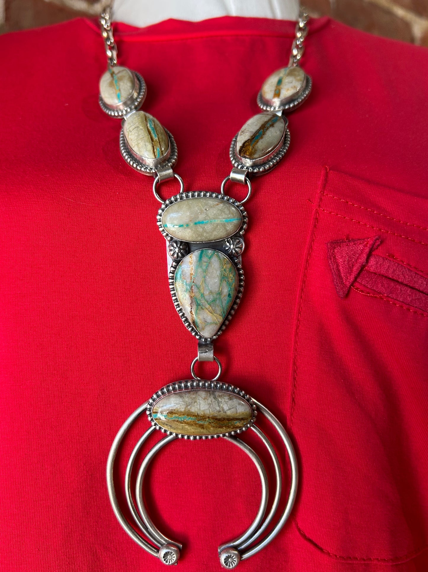 Boulder Ribbon Turquoise Lariat Naja Hook Necklace by Delbert Secatero, Navajo 24”
