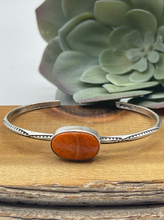 5 1/2"-7" Orange Spiny Oyster Shell Triangle Wire Cuff by Judith Dixon, Navajo