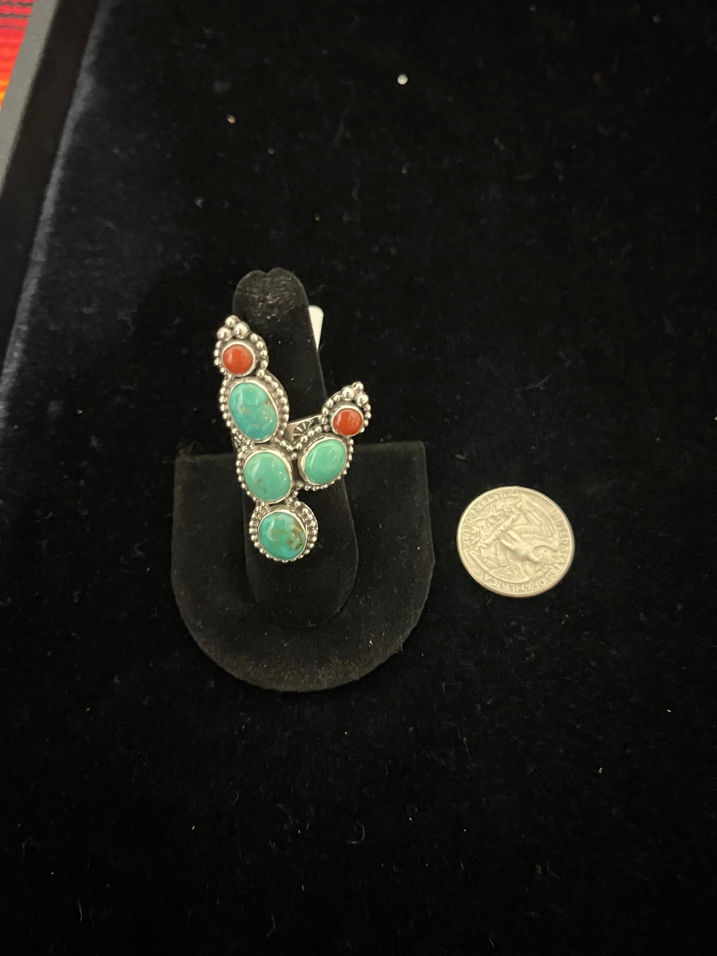 Adjustable Sonoran Gold Turquoise and Red Coral Cactus Ring