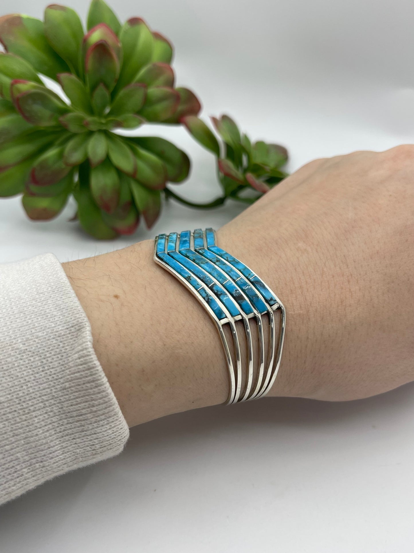 6.25" 5 Row Inlaid Turquoise Chevron Cuff