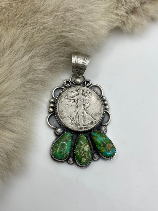 11.5mm Bale Sonoran Gold Turquoise 1946 Silver Dollar Pendant By Boyd Ashley, Navajo
