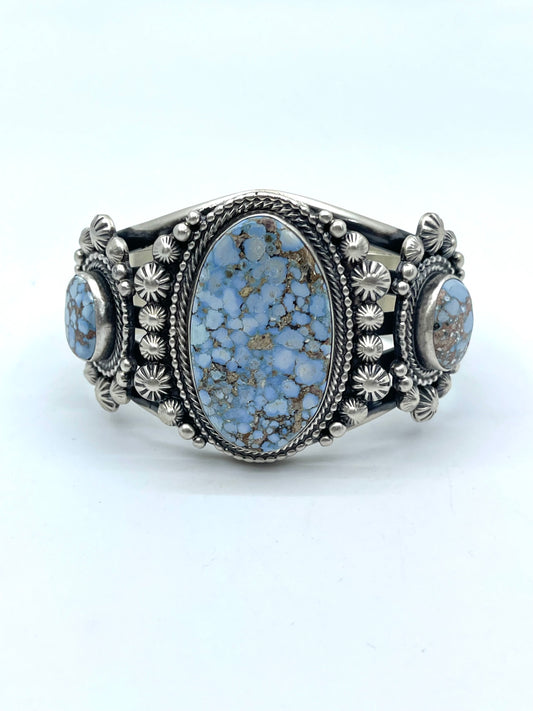 6.25" 3 Stone Golden Hills Turquoise Cuff by Tom Lewis, Navajo