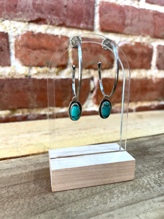 Silver Hoop with Turquoise Stone Earrings by Christina Jackson, Navajo